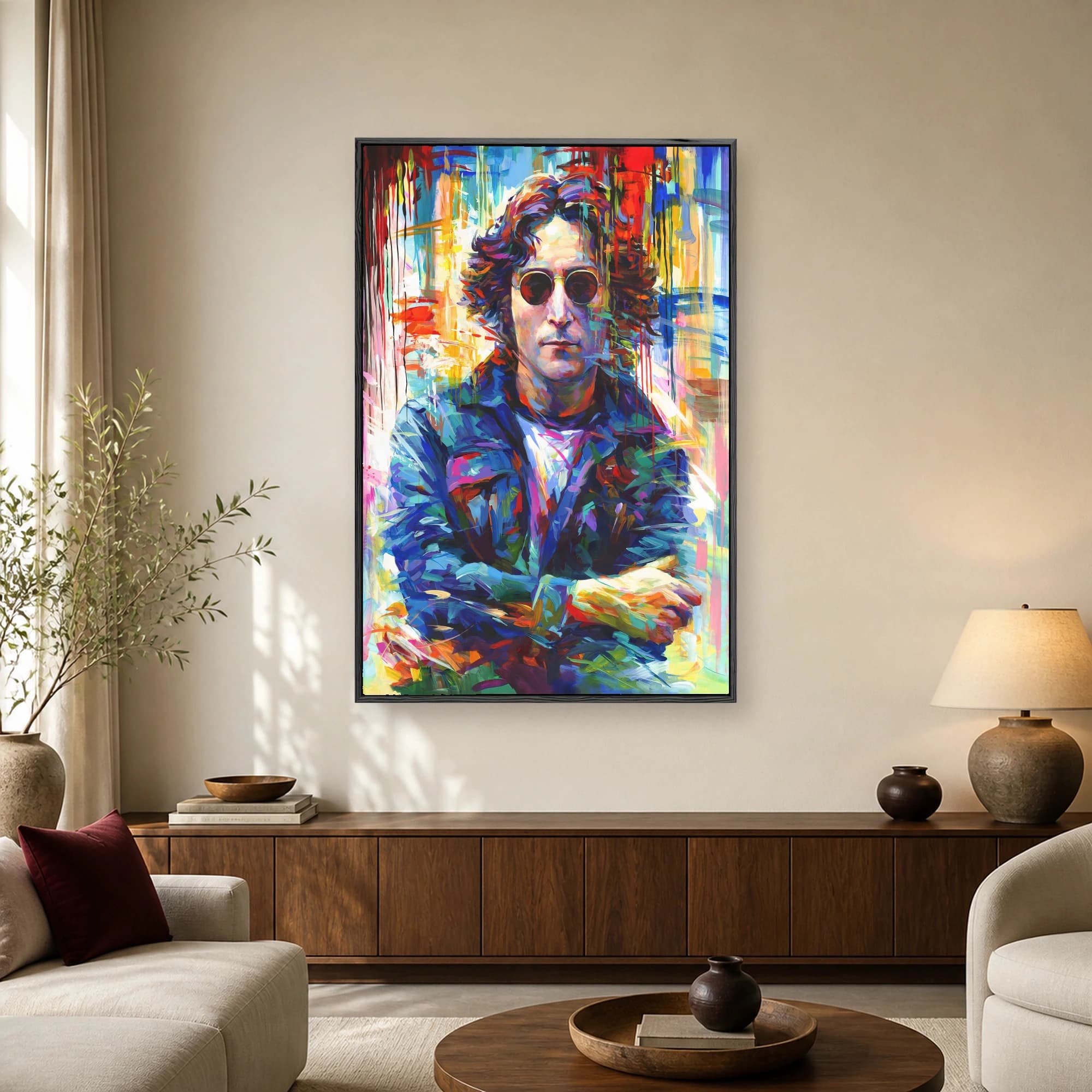 Vibrant abstract portrait of John Lennon with round sunglasses and colorful paint splashes on canvas
