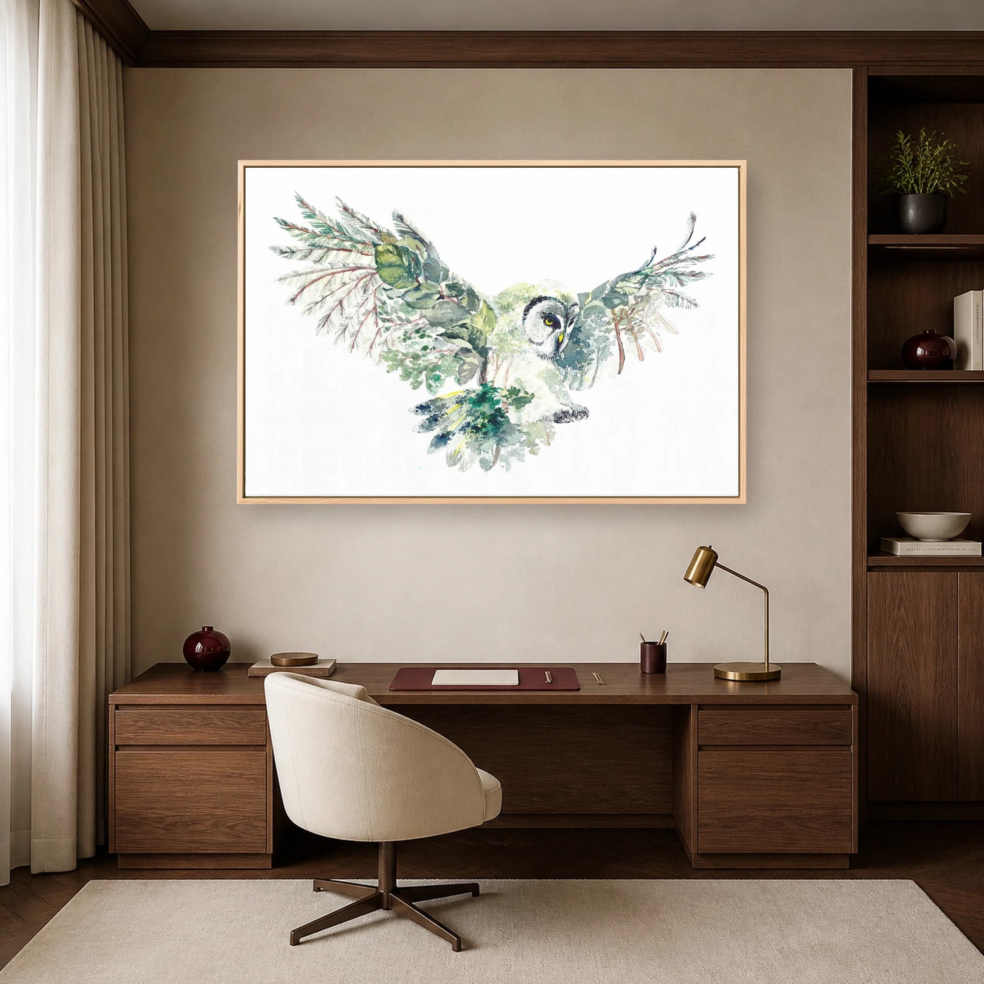 Watercolor Owl Forest Double Exposure Fine Art Print, view 5