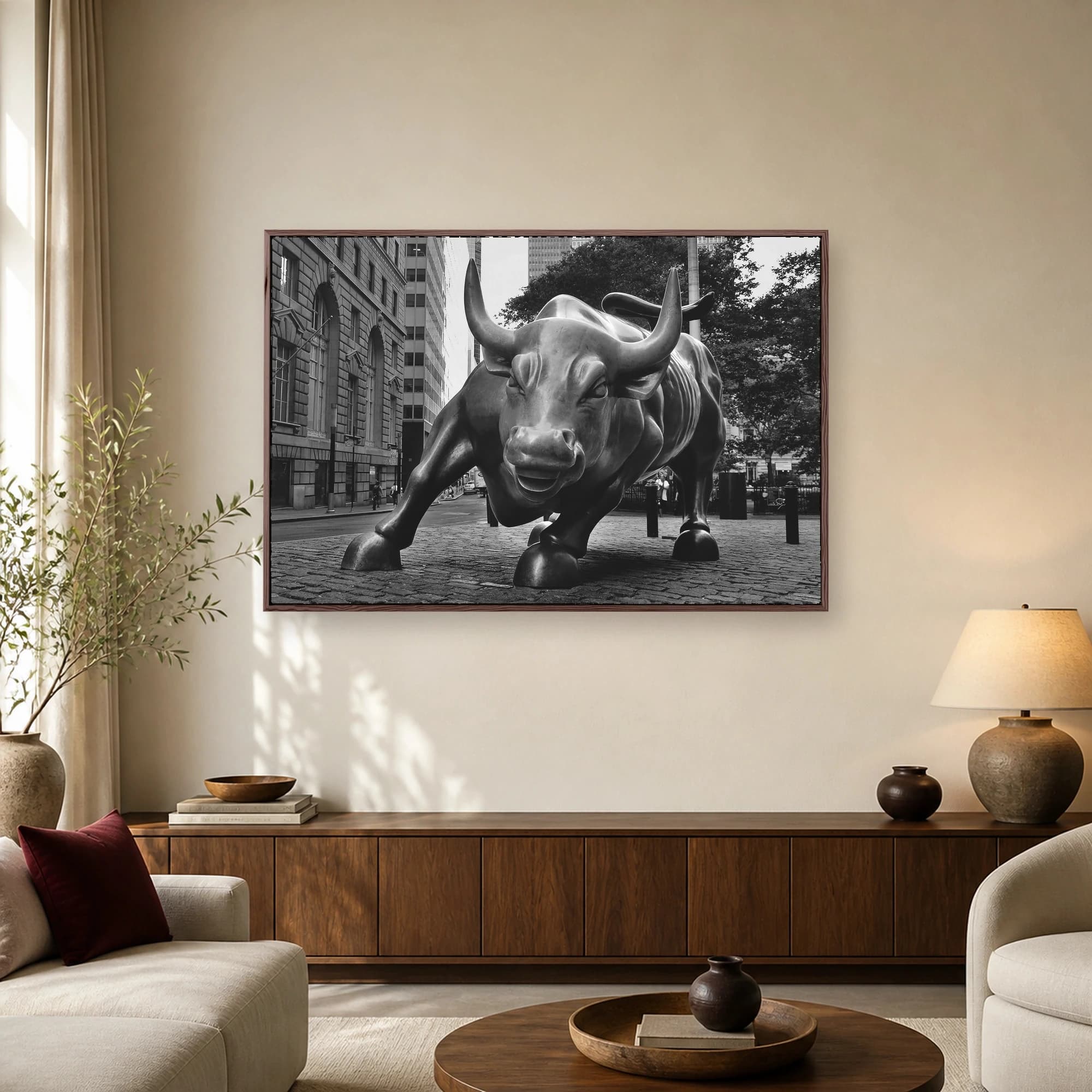 A black and white photograph of the Charging Bull bronze sculpture on a cobblestone street in Lower Manhattan with tall buildings in the background.