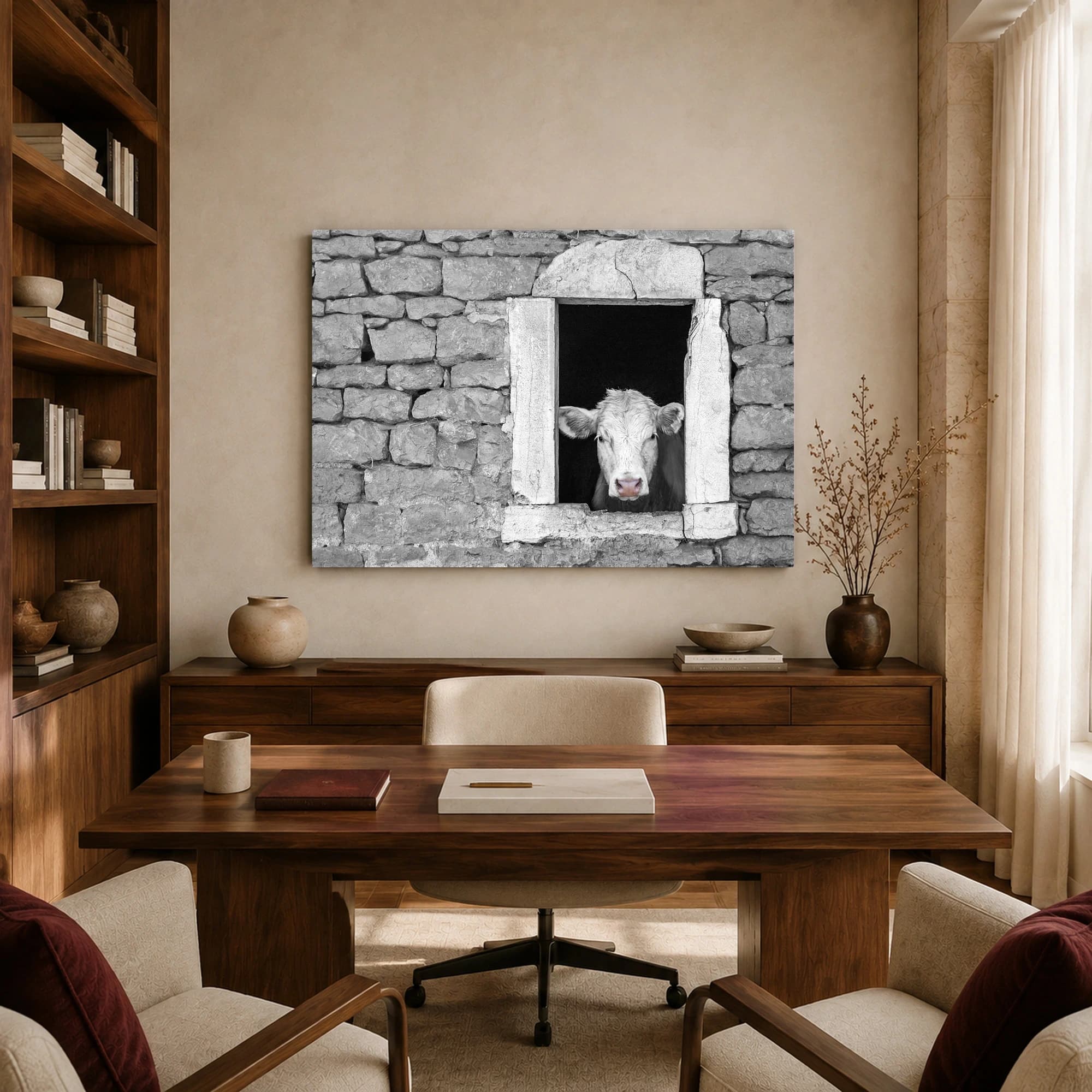 Curious Cow in Stone Window Black and White Farmhouse Wall Art, view 8