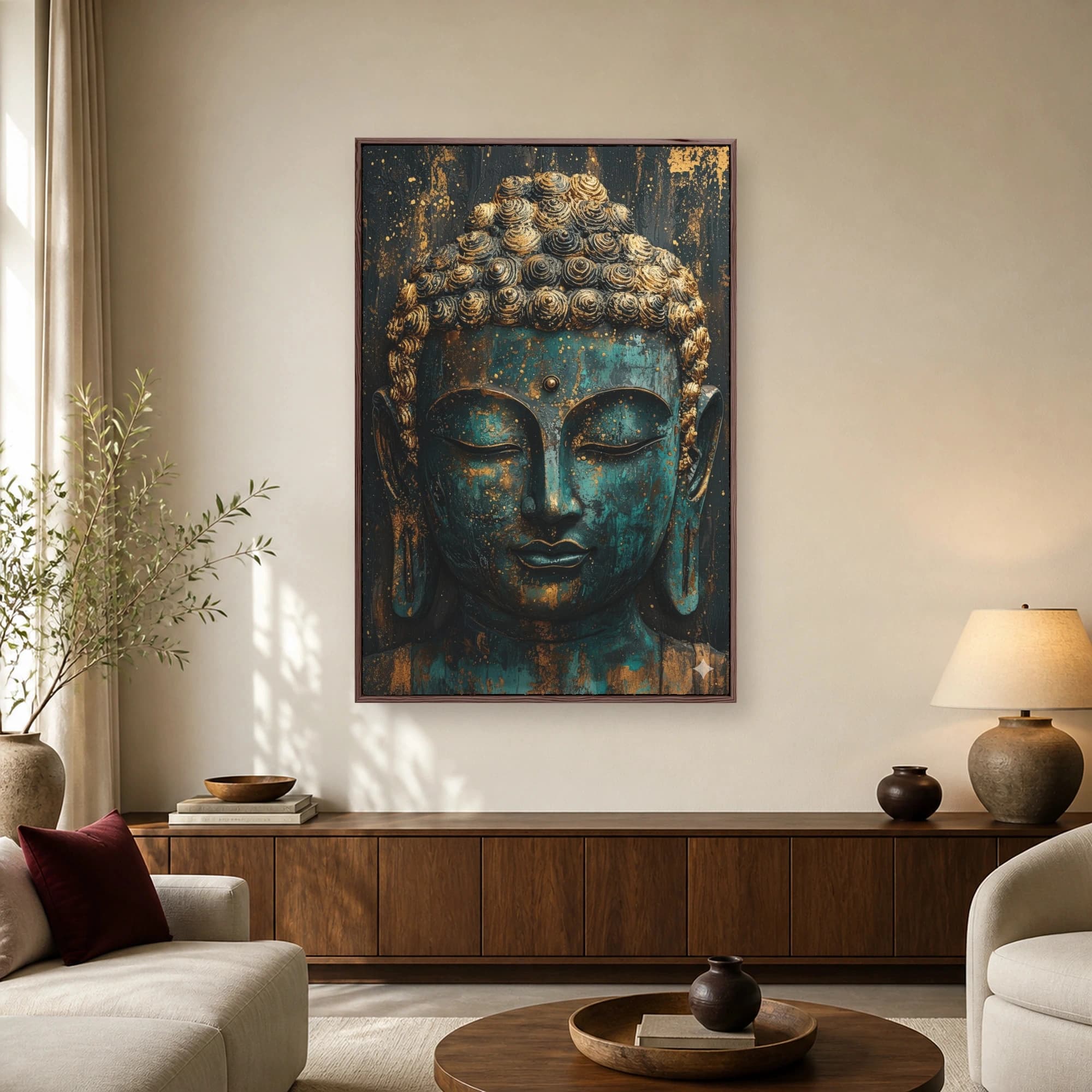 Close-up portrait sculpture of the Buddha featuring a turquoise verdigris patina and textured gold leaf accents against a dark background.