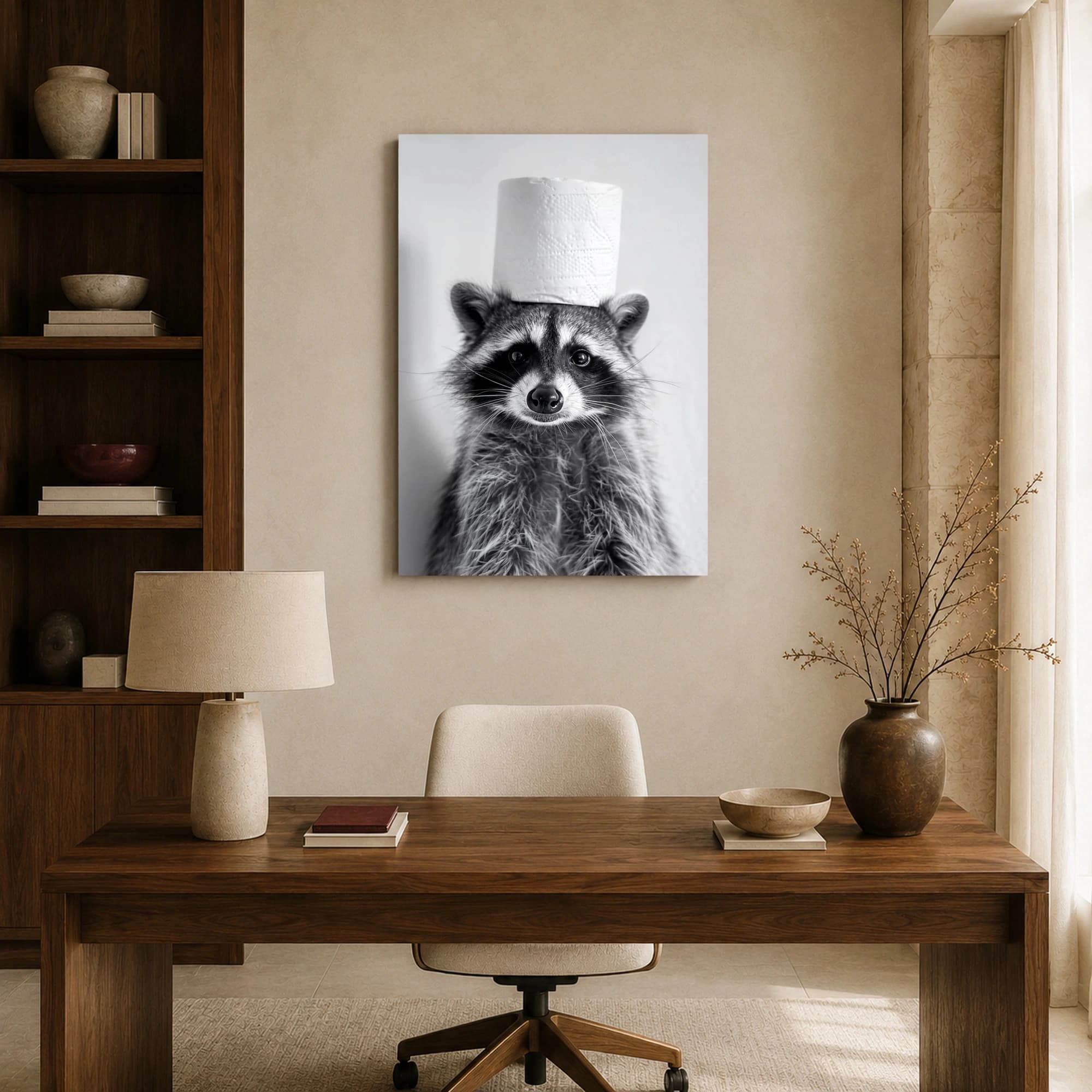 Curious Raccoon Wearing Toilet Paper Hat Black and White Print, view 8