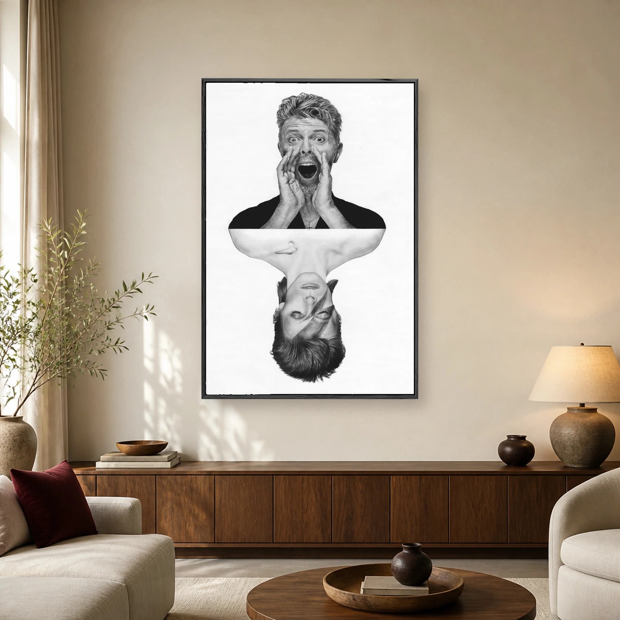 Black and white portrait drawing of David Bowie in a mirrored composition showing two contrasting eras of his career.