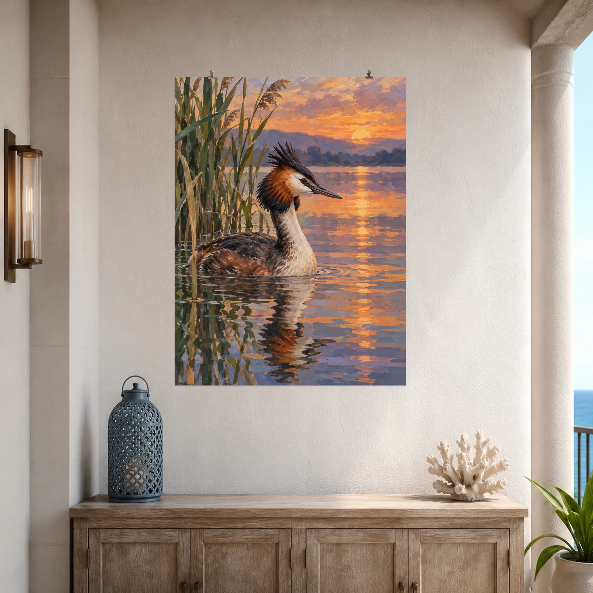 This gouache-style composition features a great crested grebe floating beside reeds on a still lake with soft copper evening reflections. Expressive brushwork and carefully balanced color bring a distinctive focal point to your wall.