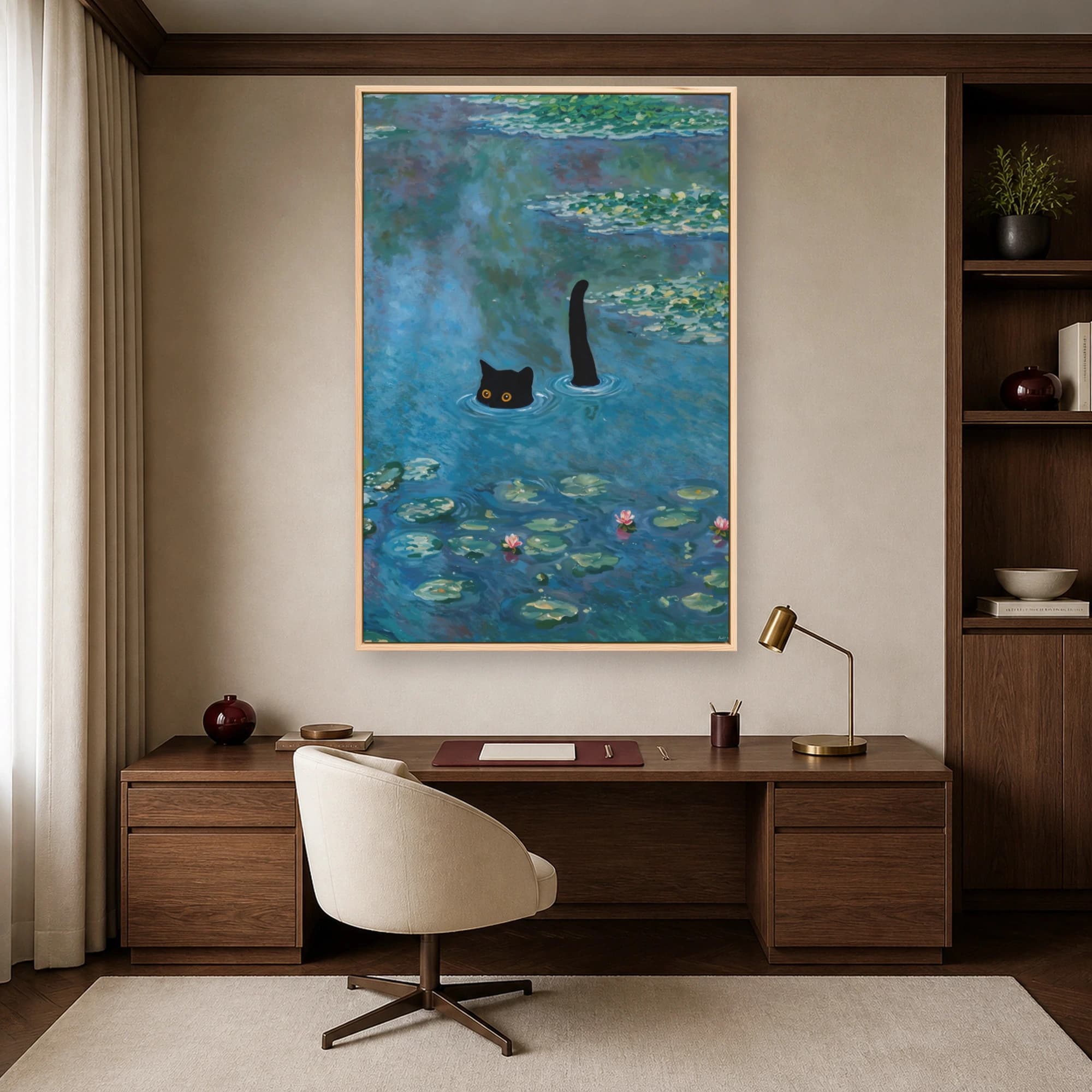 Black Cat Swimming in Water Lilies Pond Impressionist Canvas, view 5