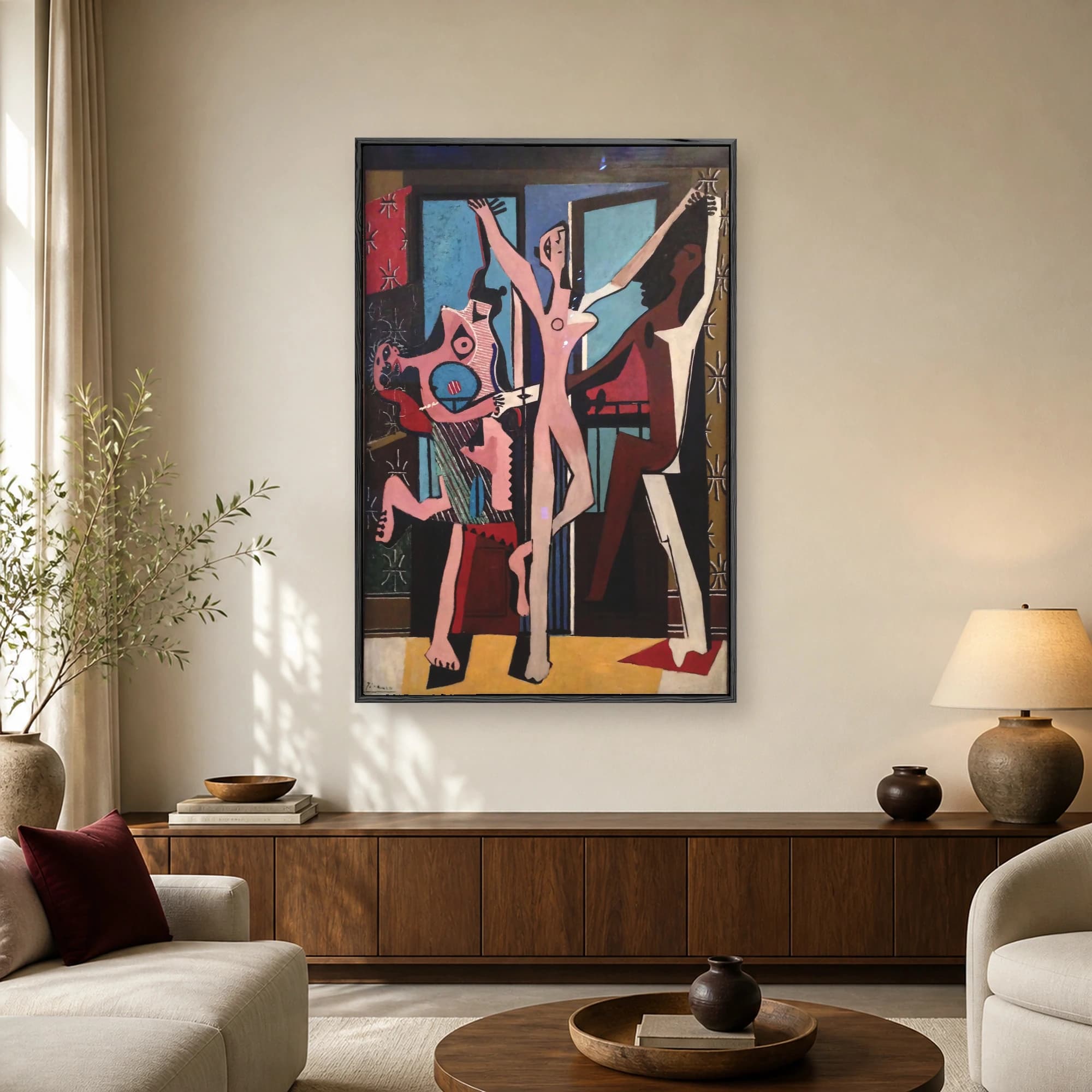 Pablo Picasso's The Three Dancers art print featuring abstracted figures in energetic poses against a blue window backdrop.