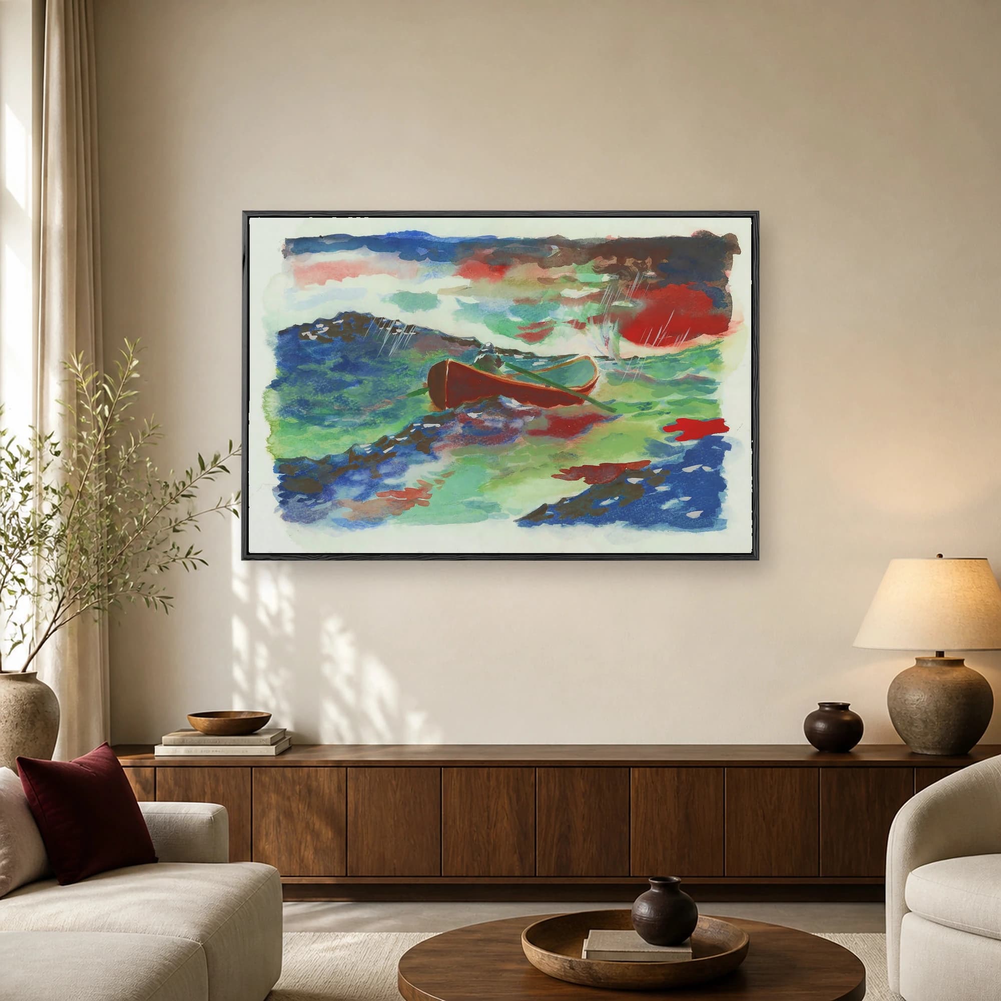 Watercolor painting of a person in a red canoe navigating turbulent blue and green waves under a dramatic stormy red and brown sky.