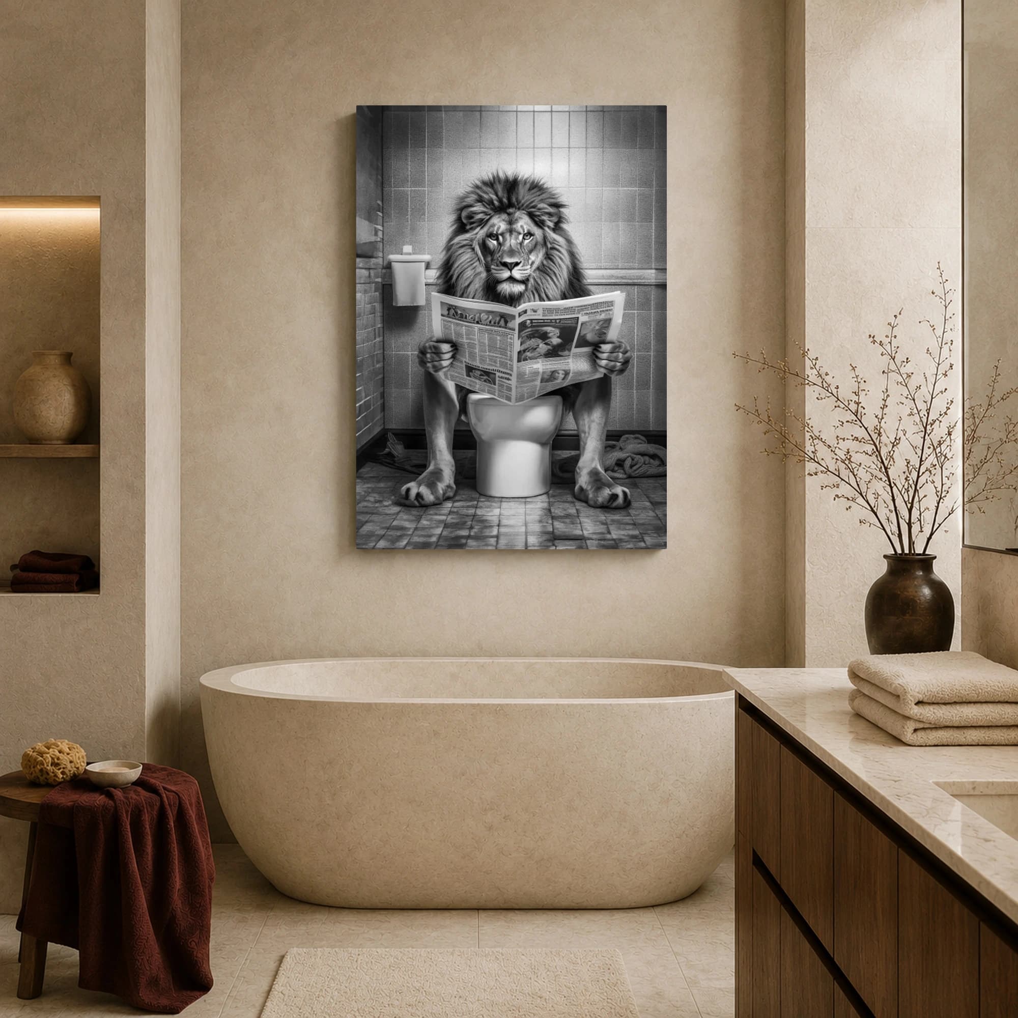 The Lion Reading Newspaper on Toilet Black and White Wall Art, view 7