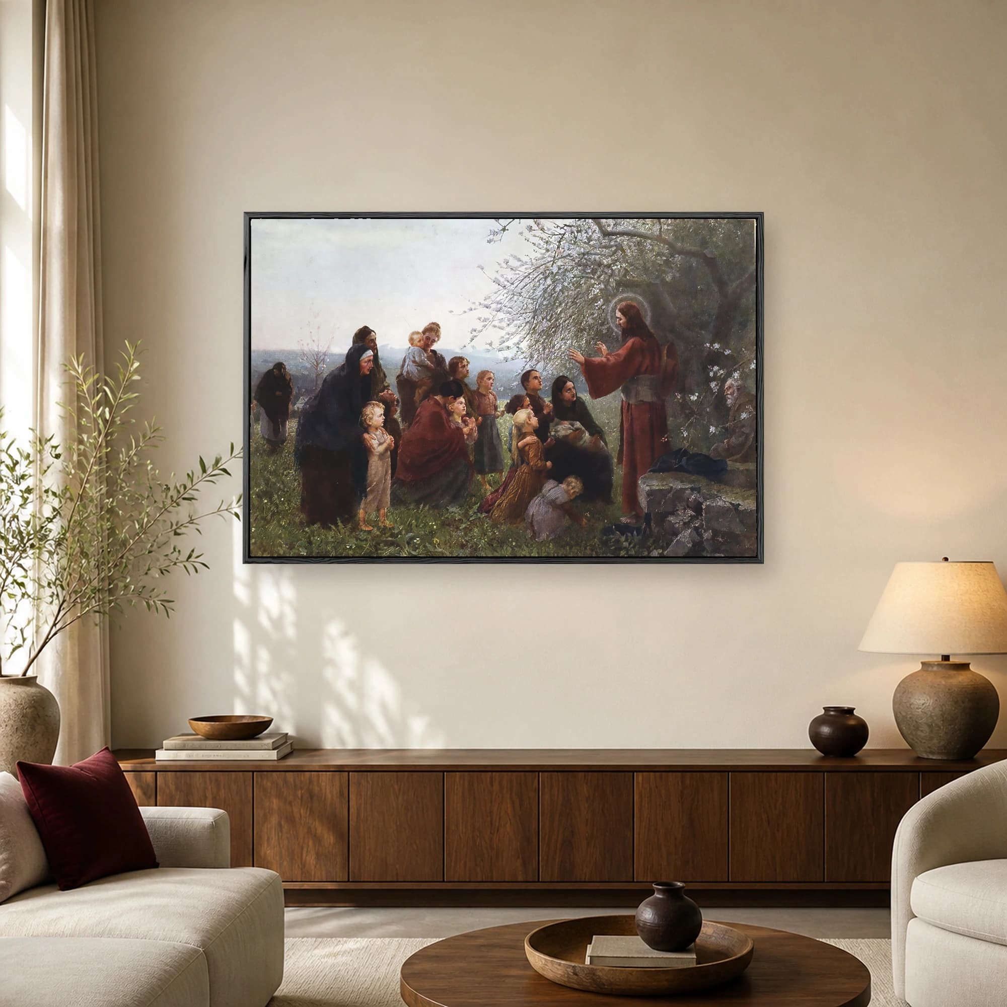 Vintage fine art painting of Jesus Christ in red robes blessing children and families beneath a blossoming tree in a rolling landscape.