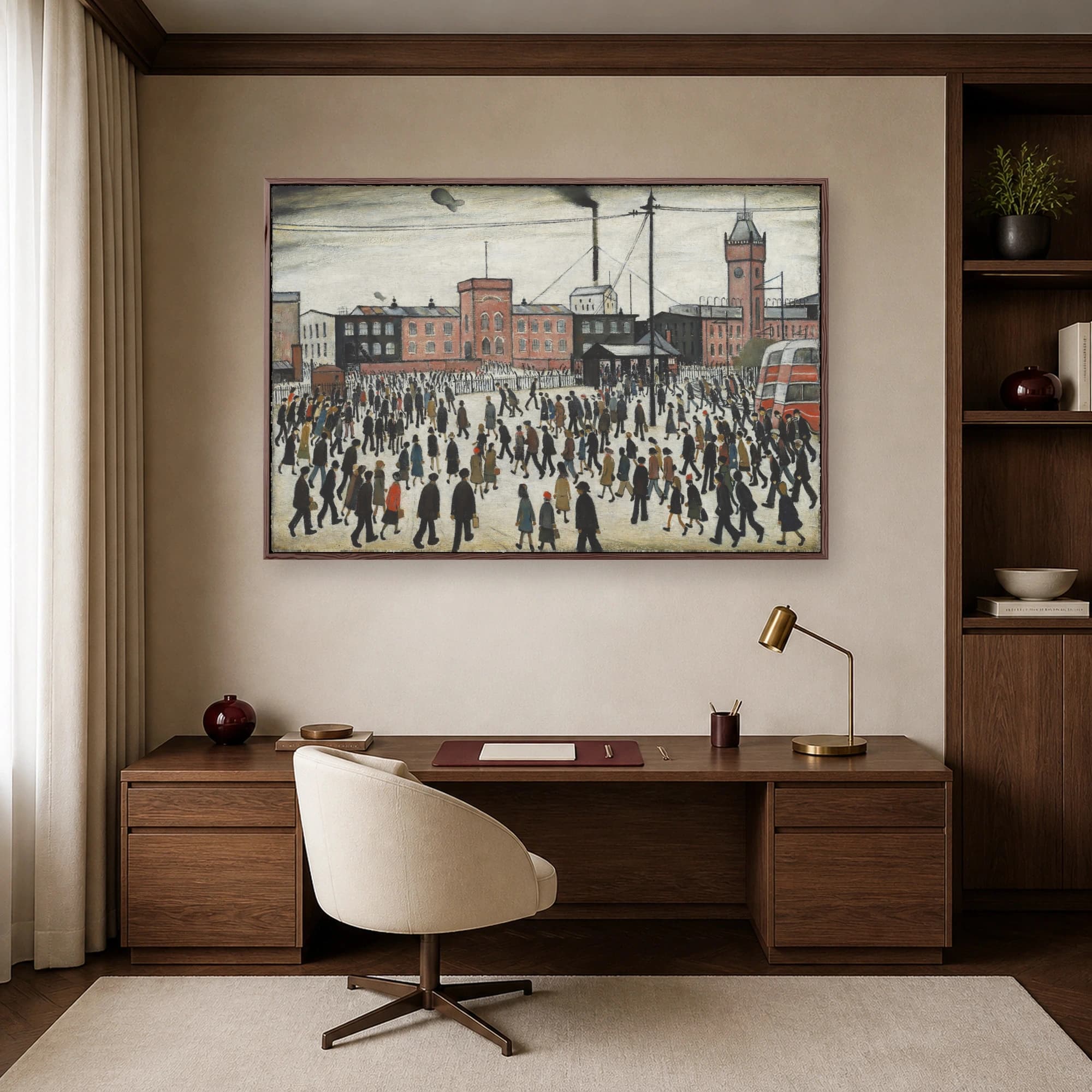 Industrial Town Square Fine Art Print with Crowds and Red Bus, view 7