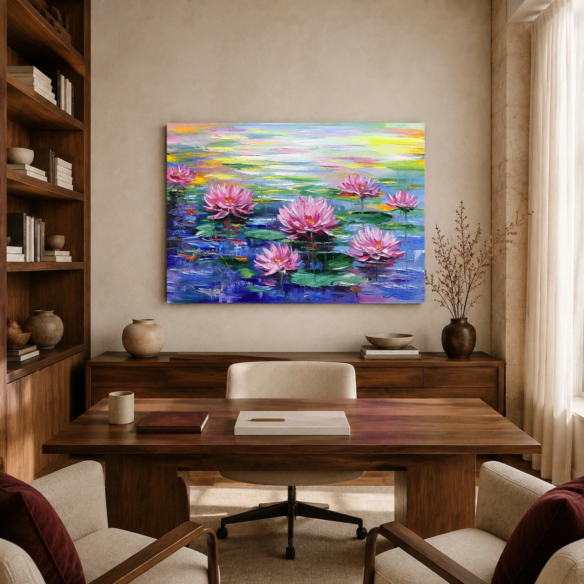 Pink Water Lilies Impressionist Pond Canvas Print, view 7