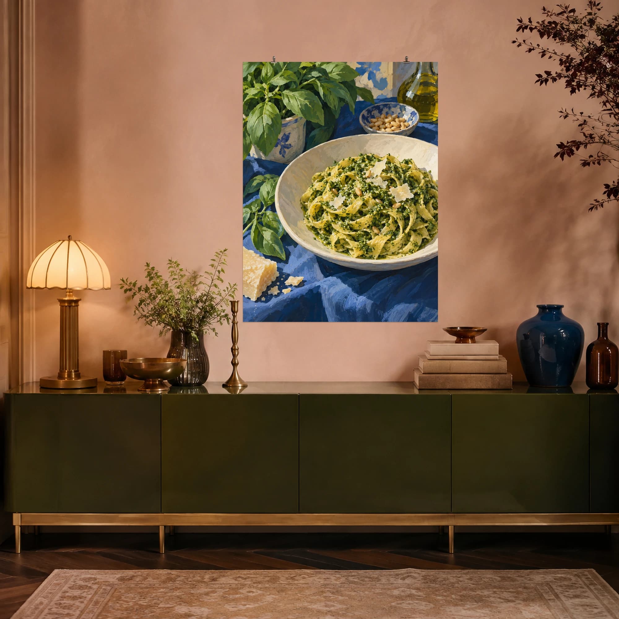 This gouache-style composition features handmade pasta with green pesto in a shallow ivory bowl beside basil leaves on a blue tablecloth. Expressive brushwork and carefully balanced color bring a distinctive focal point to your wall.