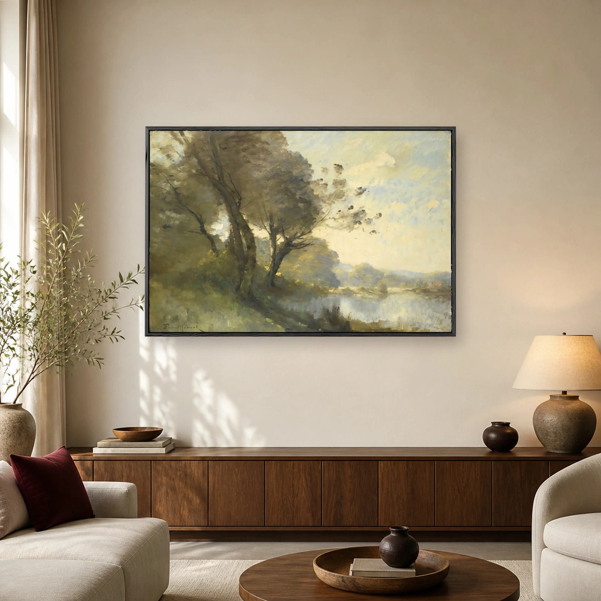 Impressionist oil painting of tall trees on a quiet riverbank under a soft golden sky with gentle water reflections