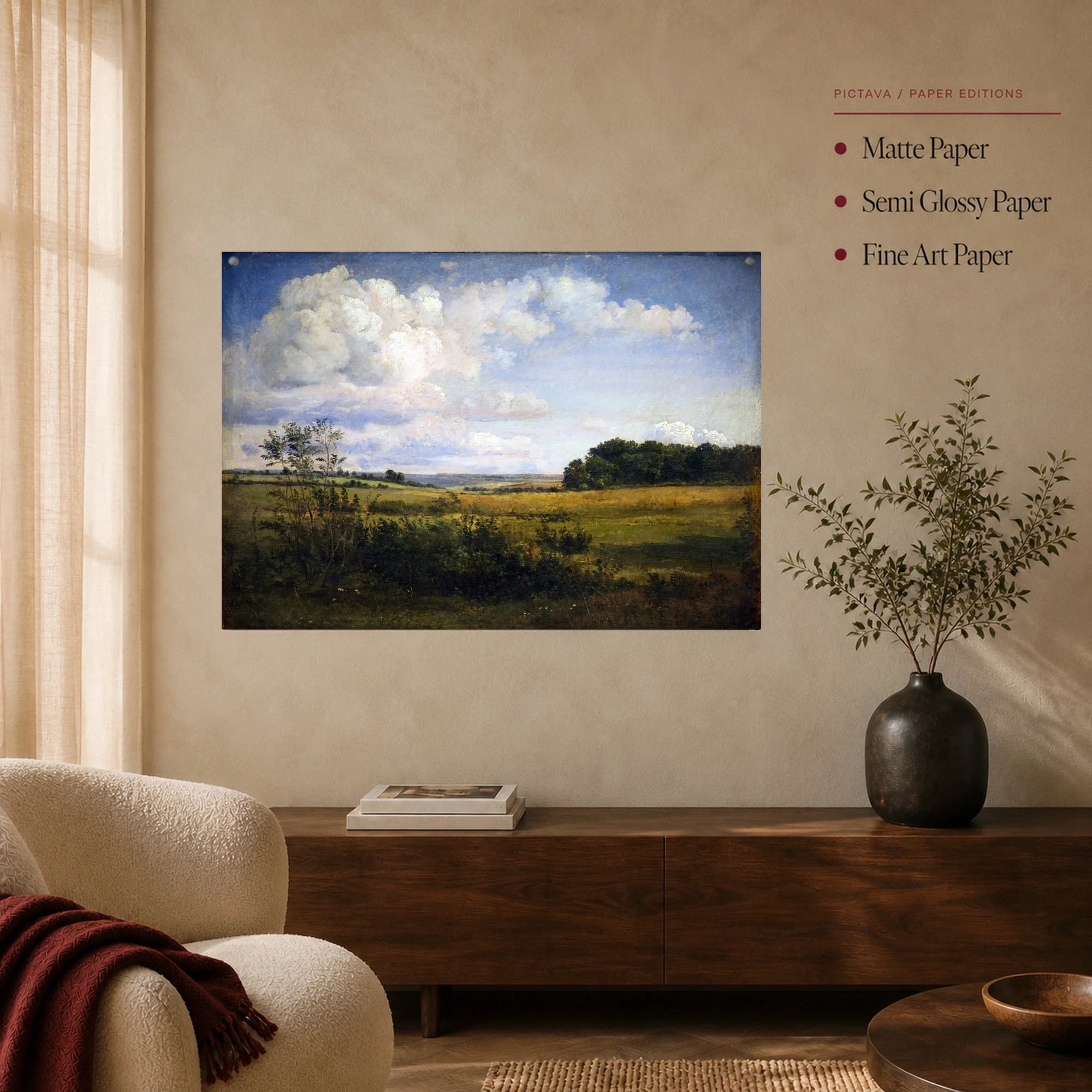 Vintage Pastoral Landscape Painting with Dramatic Clouds Wall Art, view 4