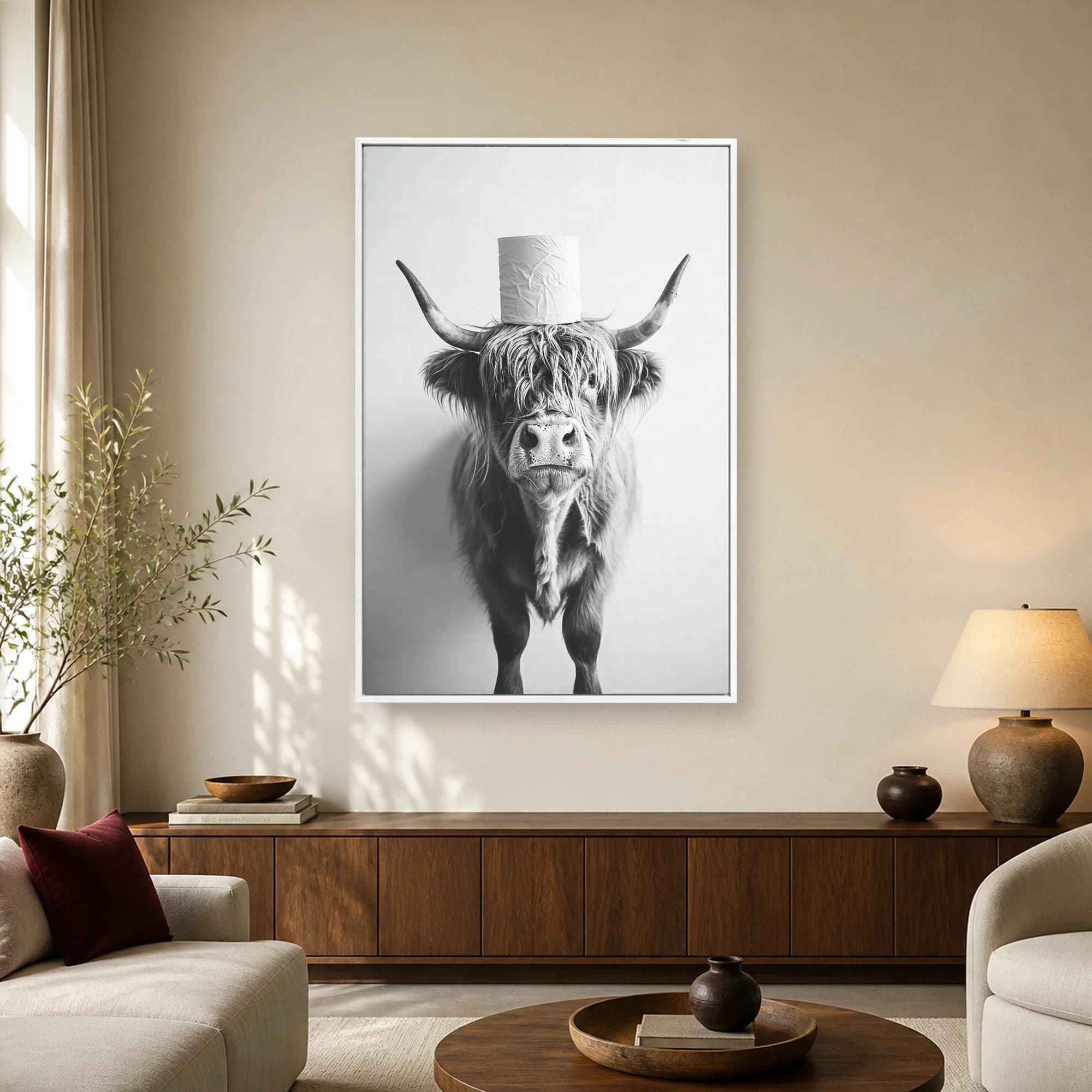 Highland Cow with Toilet Paper Roll Monochrome Wall Art, view 2