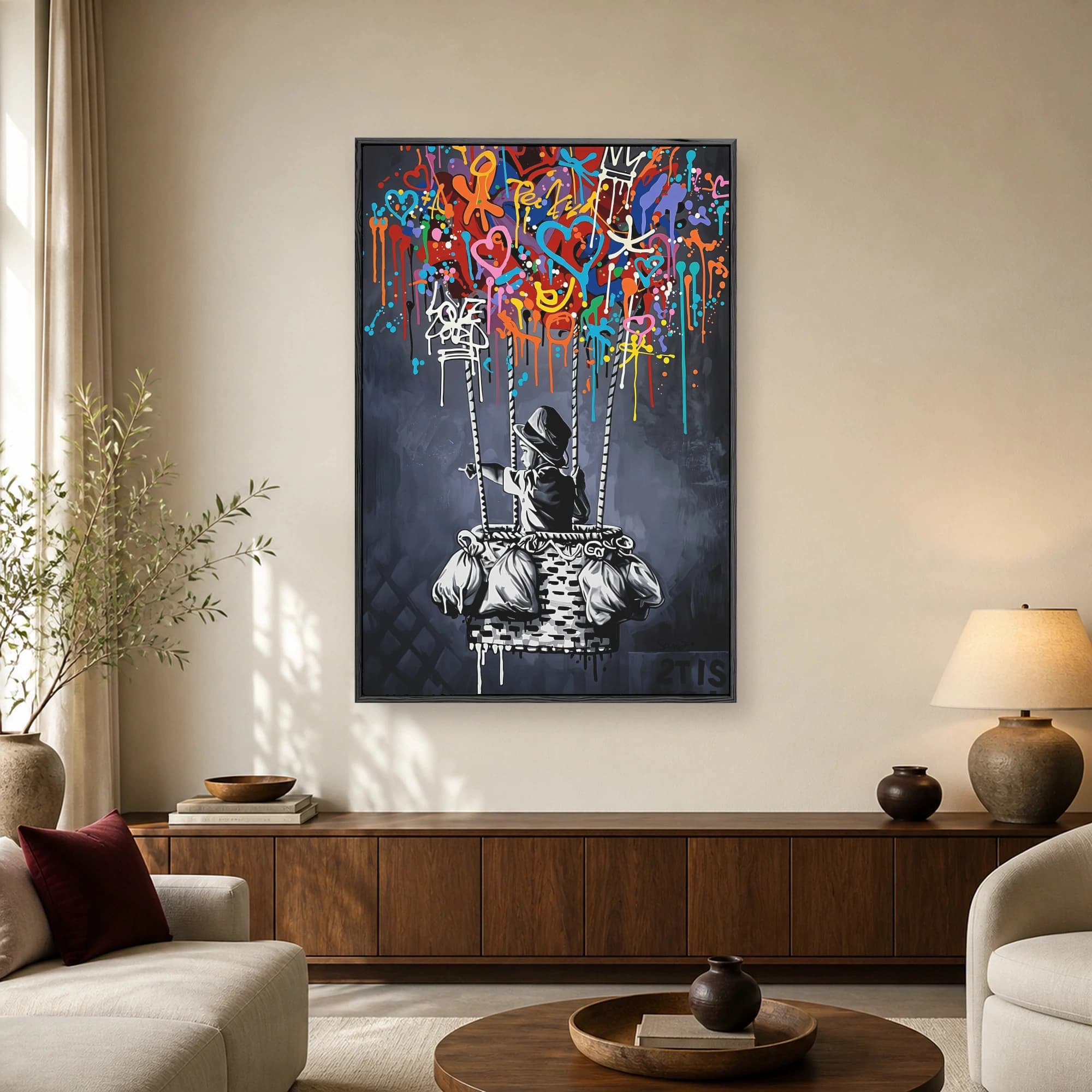 A monochrome stenciled child in a hot air balloon basket pointing upward amidst vibrant colorful graffiti paint drips and splatters against a dark wall.