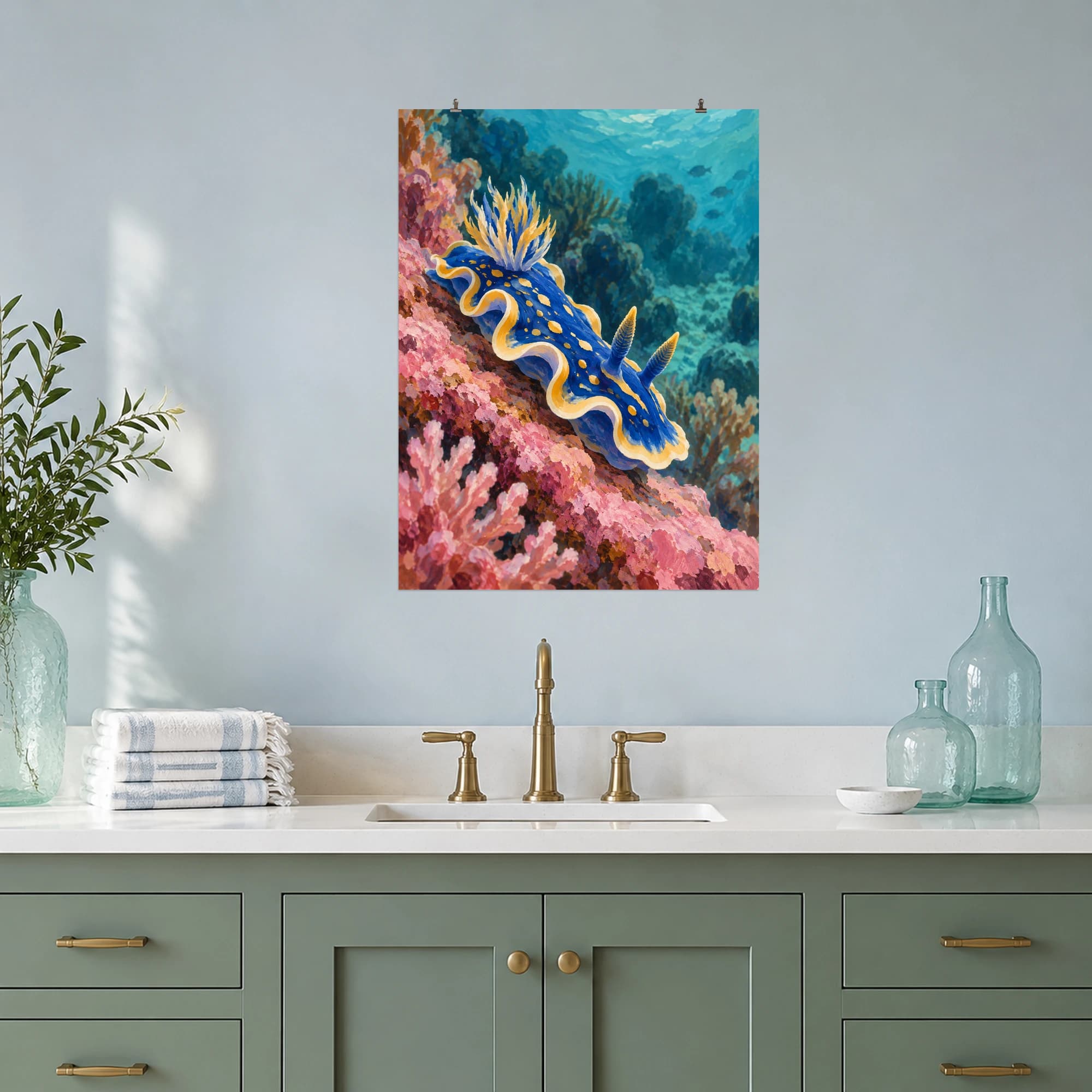 This gouache-style composition features a vividly colored blue and gold nudibranch moving along a pink coral ledge, elegant curling mantle edges and a softly blurred teal seabed. Expressive brushwork and a balanced palette bring warmth and character to your space.