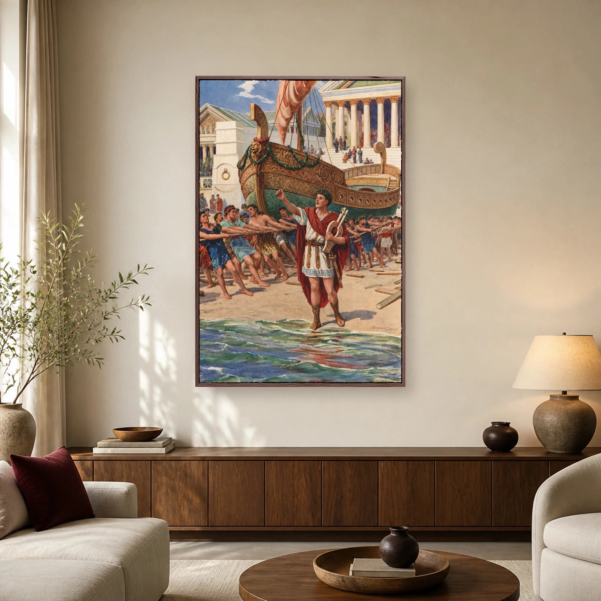 Historic illustration of Orpheus holding a lyre and leading laborers pulling a classical Greek ship onto the shore.