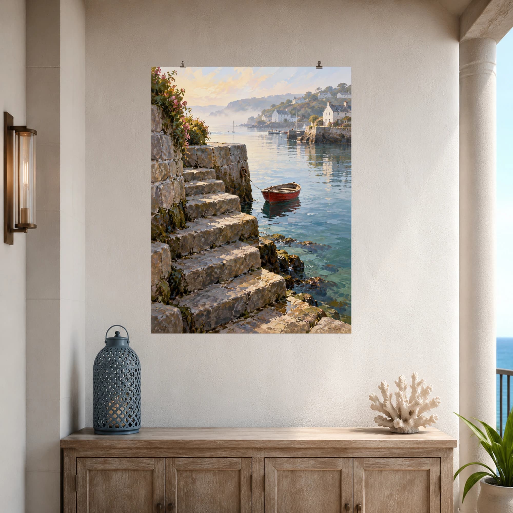 This gouache-style composition features broad granite steps leading into a sheltered harbour with one small red rowboat, pale morning haze and distant cottages. Expressive brushwork and a balanced palette bring warmth and character to your space.