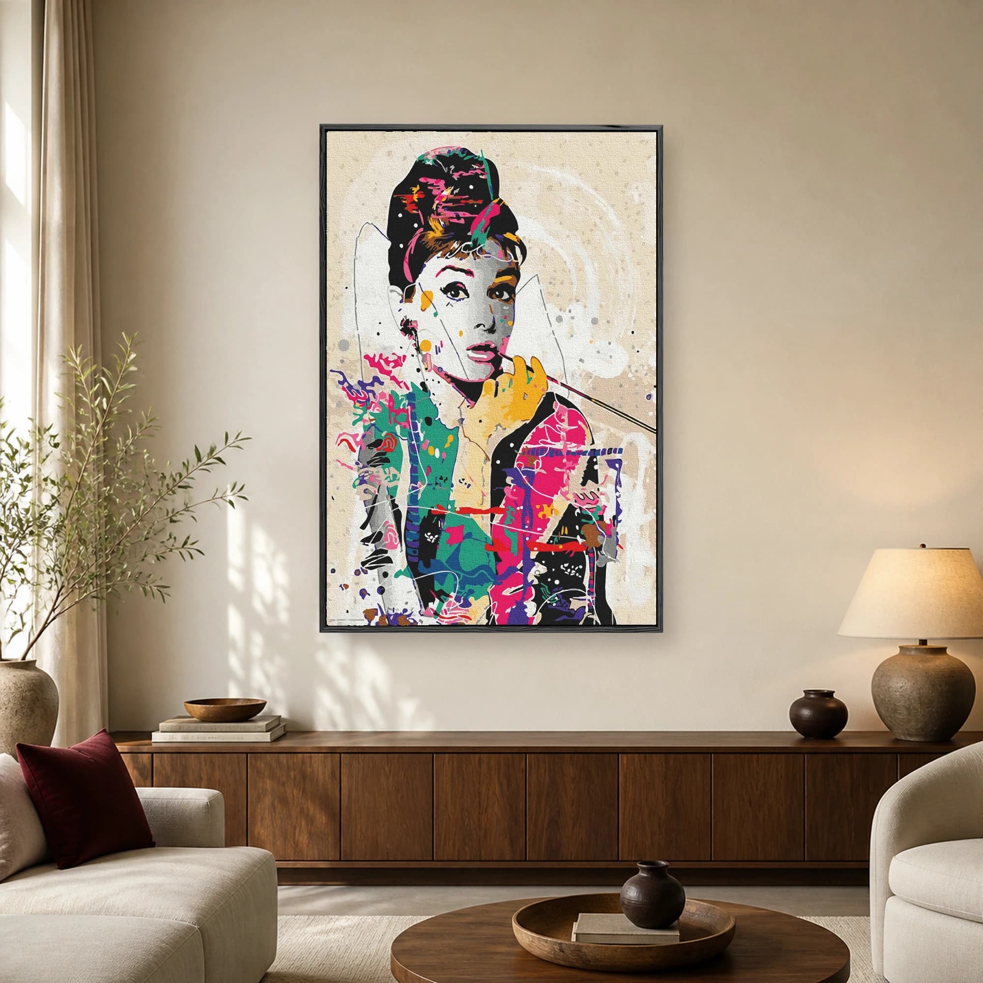 Pop art portrait of Audrey Hepburn holding a cigarette holder with vibrant paint splatters on a textured background.