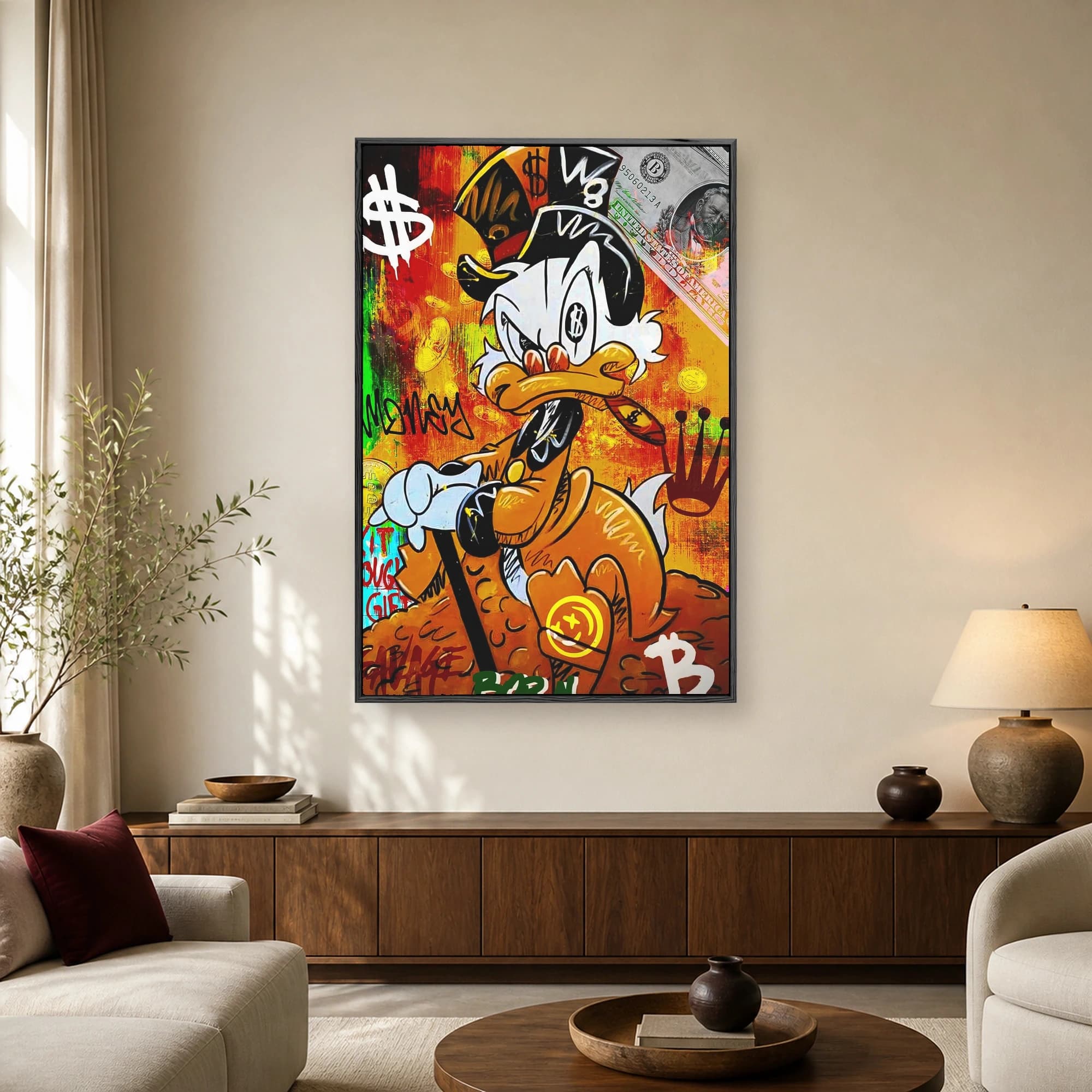 Pop art painting of Scrooge McDuck with dollar sign eyes, top hat, and cigar against a yellow and red graffiti background with currency symbols.