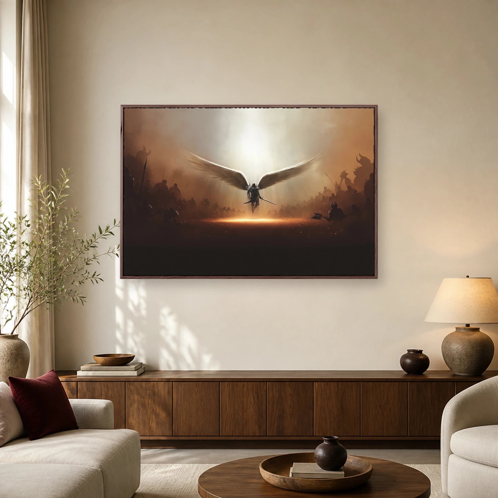 A hooded winged archangel descending in a beam of golden light with a sword drawn, surrounded by dark horned demonic silhouettes.