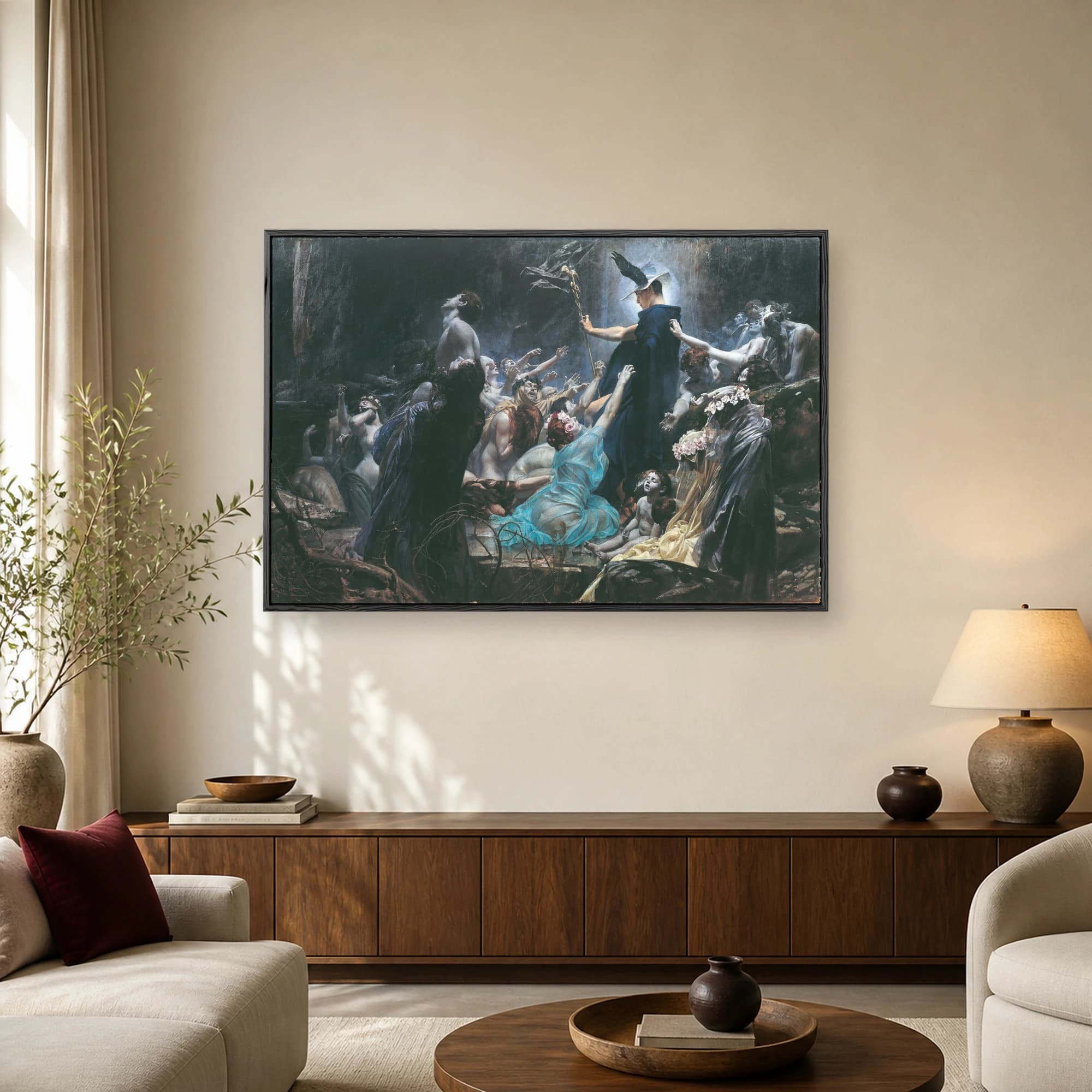 Fine art print of The Souls of Acheron showing Hermes guiding souls across the river in a dramatic dark classical painting style.