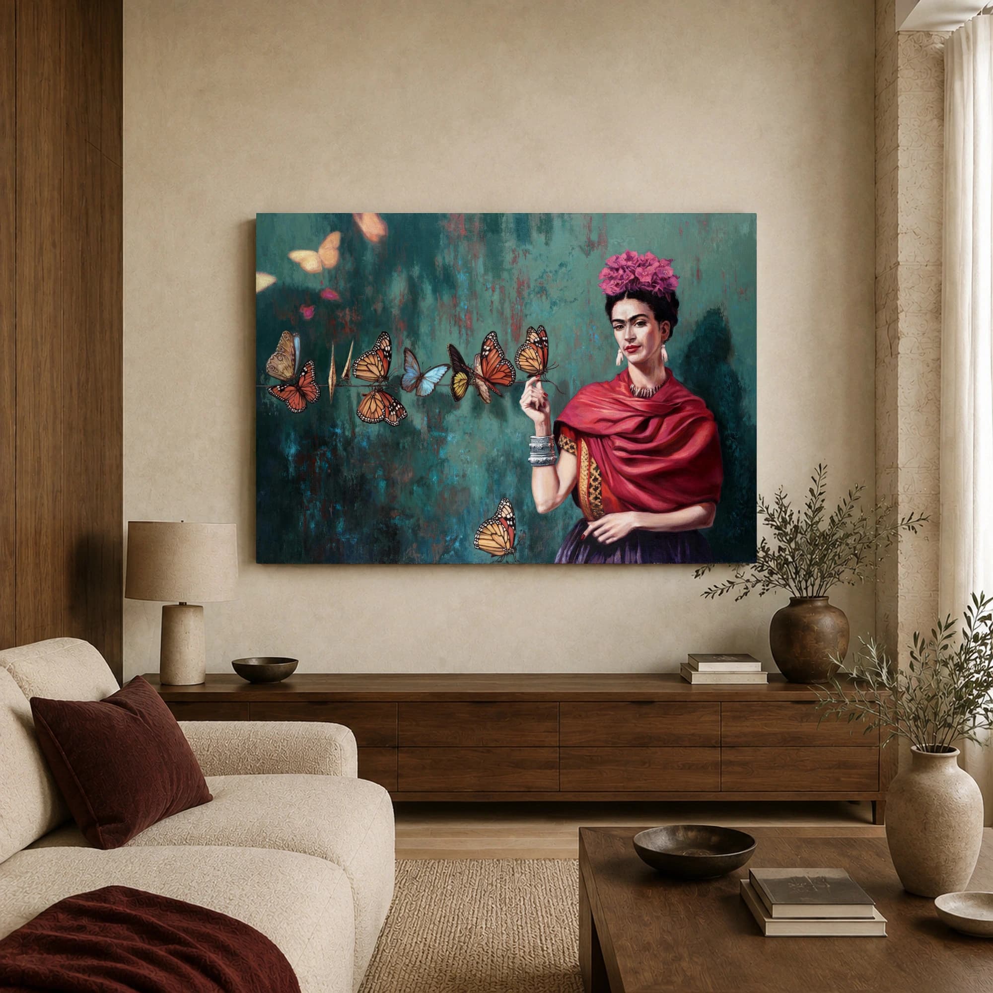 Frida Kahlo Portrait Canvas Print with Monarch Butterflies Wall Art, view 3