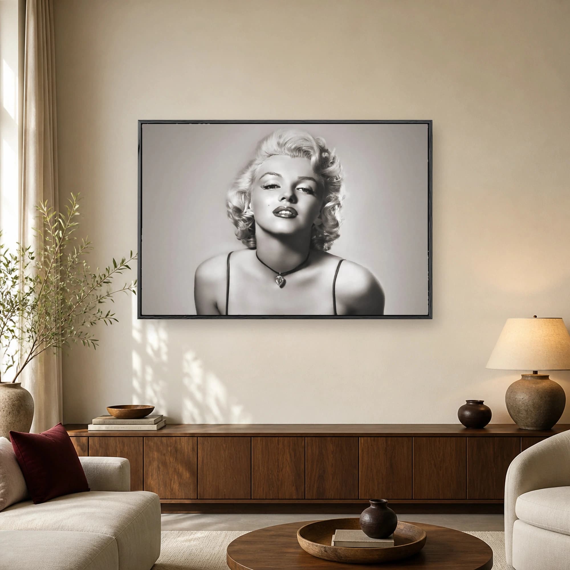 Black and white portrait of a blonde Hollywood icon featuring signature curls, dark eyelashes, a beauty mark, and a heart-shaped necklace pendant.