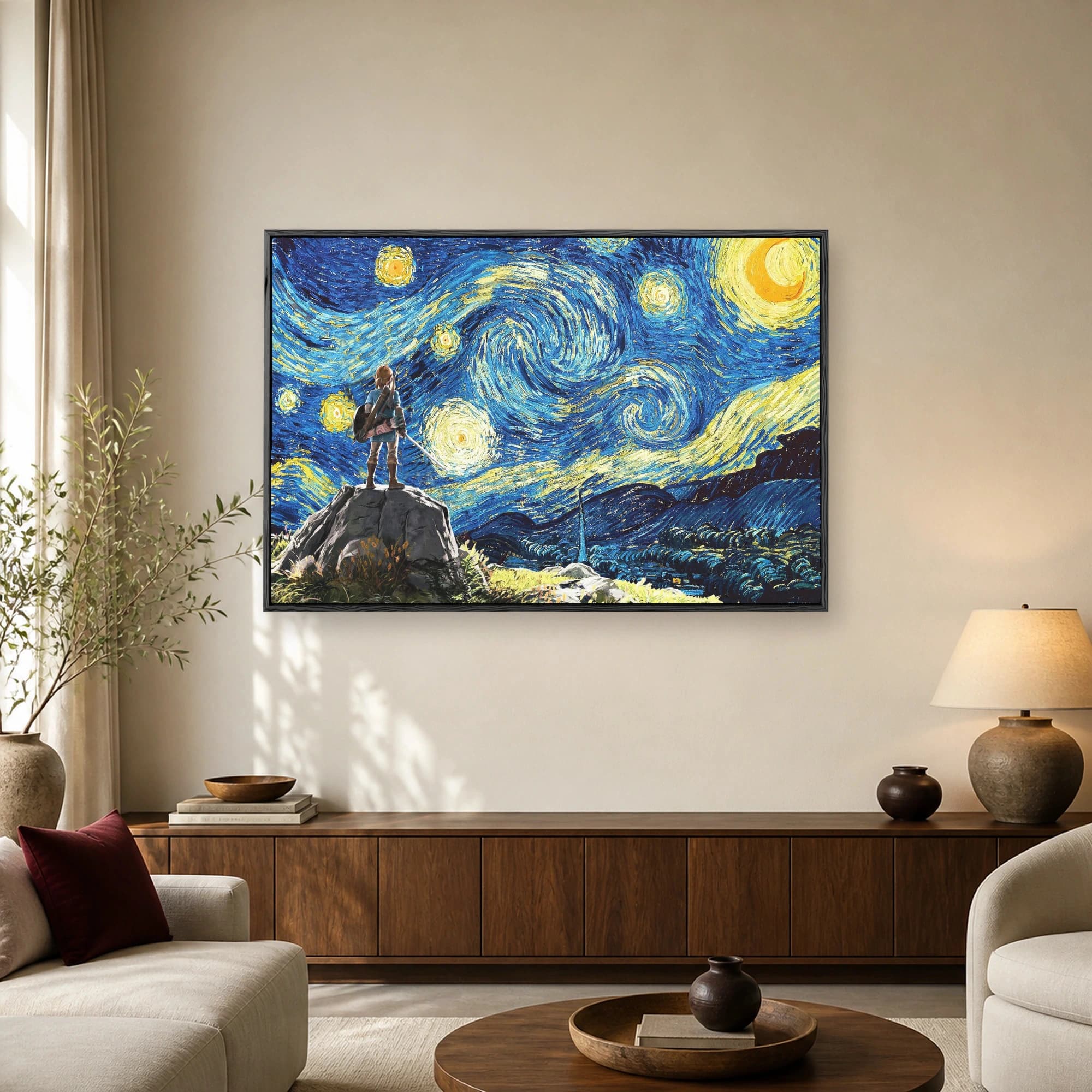 Link standing on a rock looking at a swirling blue and yellow starry night sky in Van Gogh style