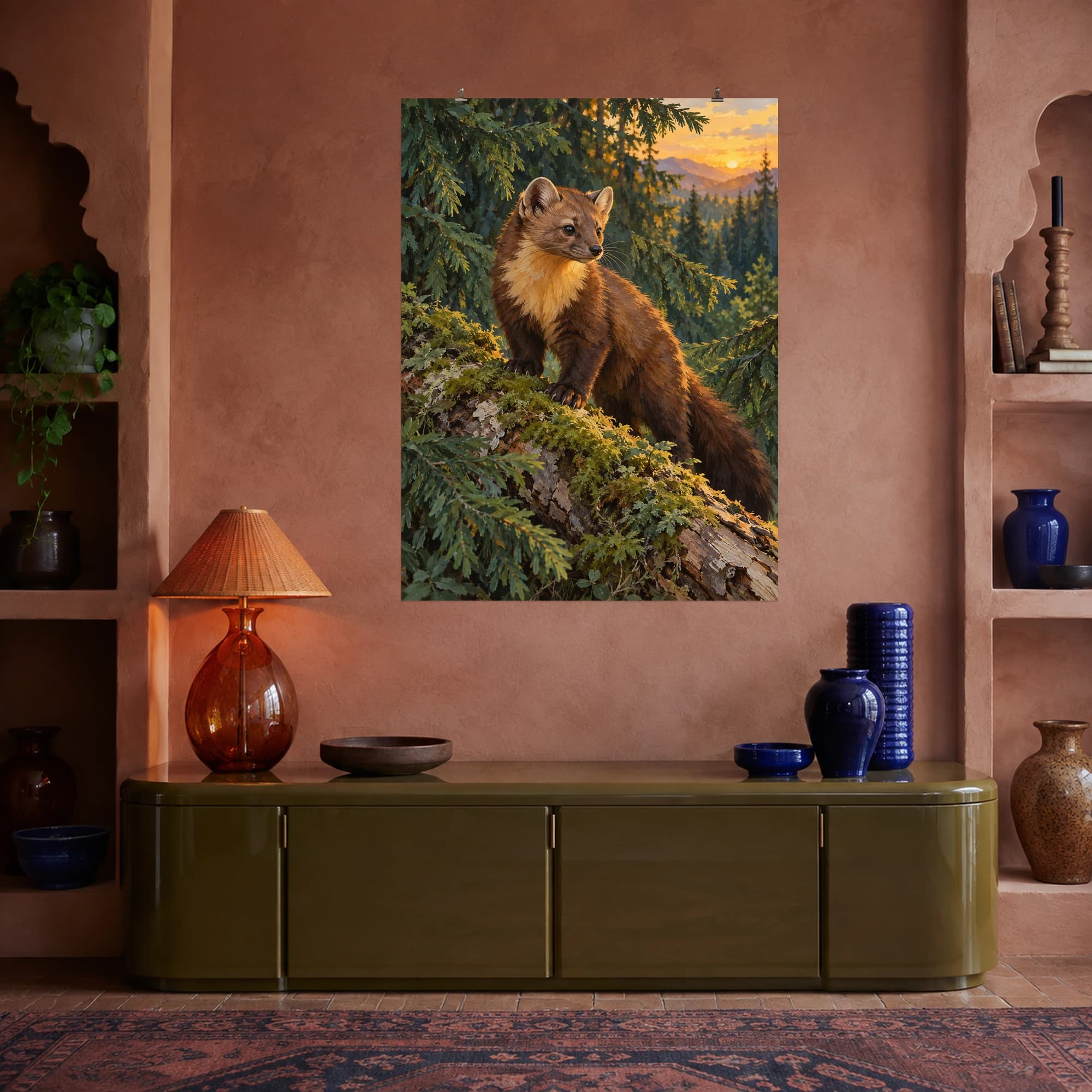 This gouache-style composition features a pine marten on a mossy fallen log among deep green fir branches with warm evening light. Expressive brushwork and carefully balanced color bring a distinctive focal point to your wall.