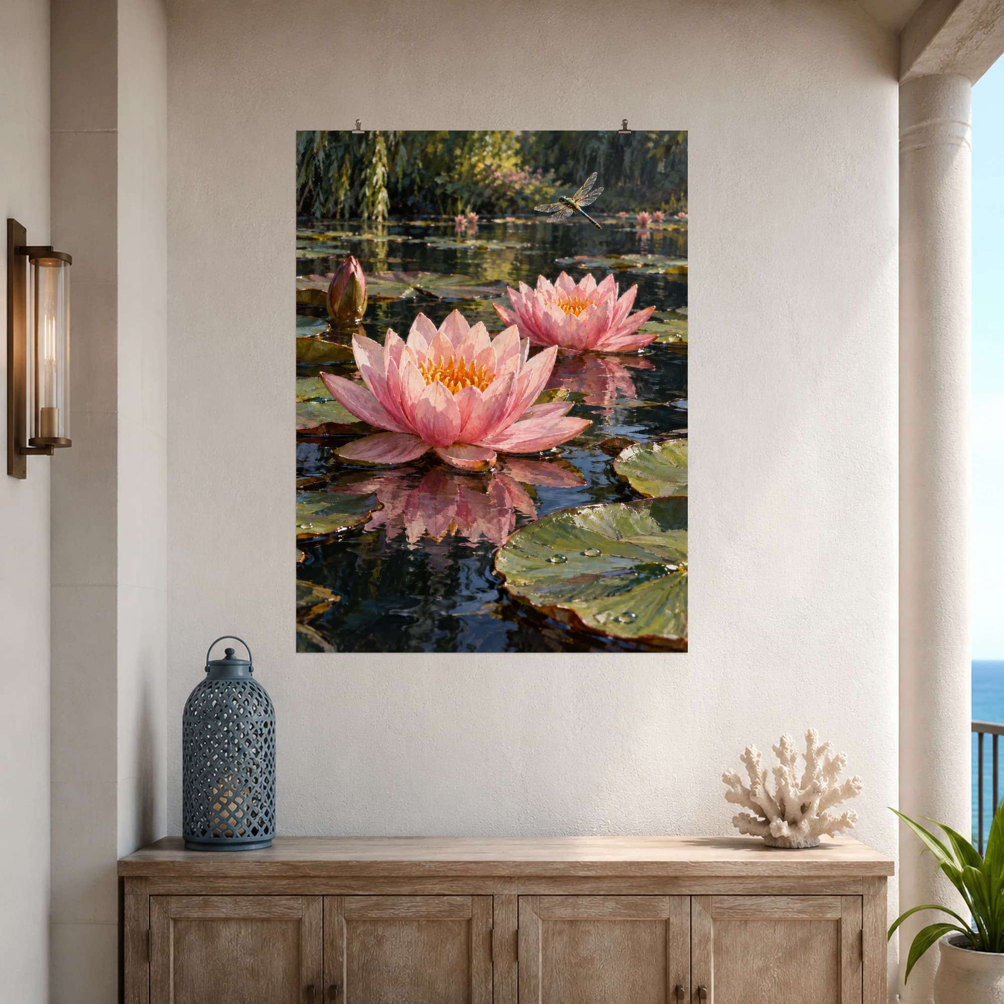 Pink water lilies float on a dark garden pool beside a dragonfly. Reflections and broad green pads create a close, peaceful view of the water.