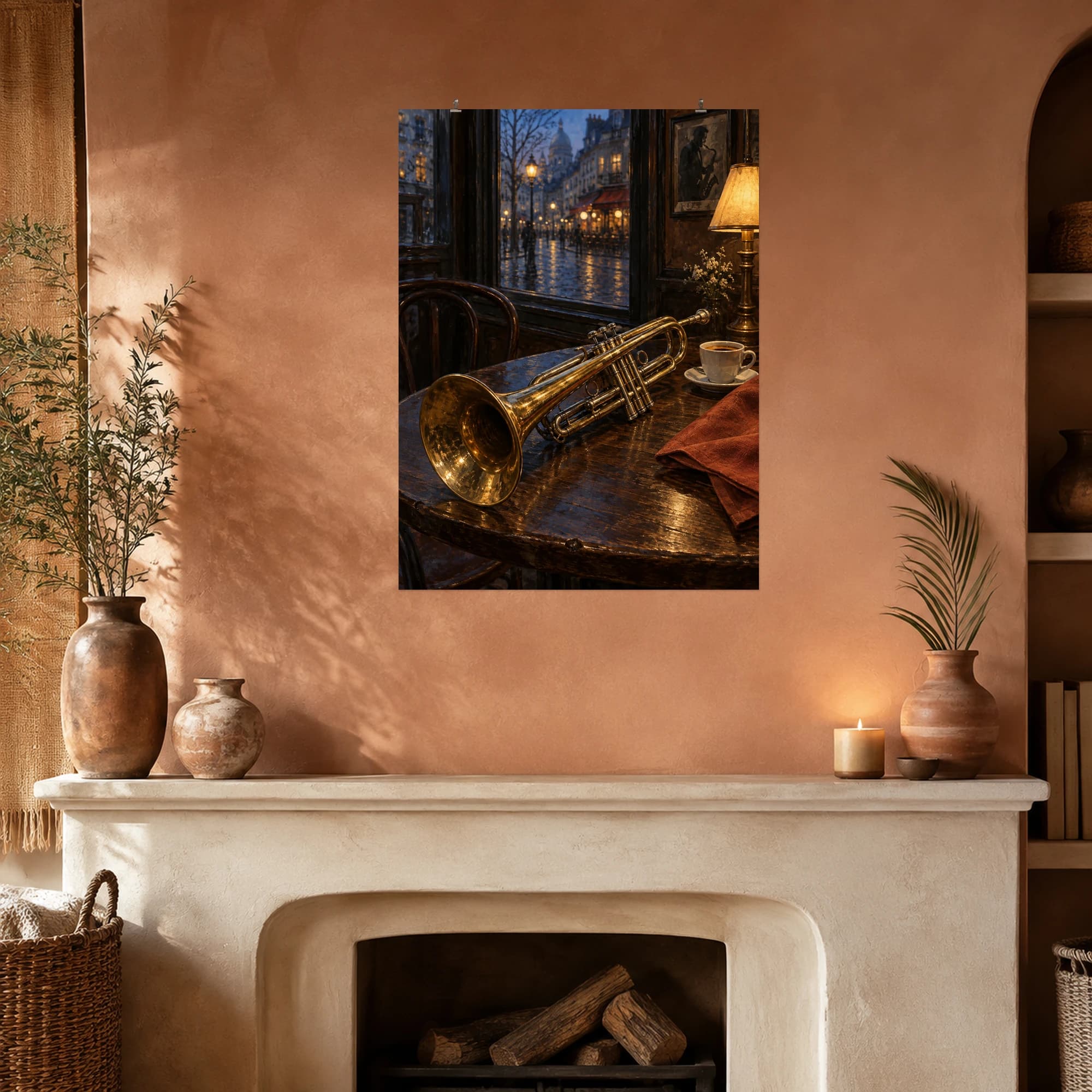 A brass trumpet rests on a cafe table as amber lamps meet the blue light of an evening street.