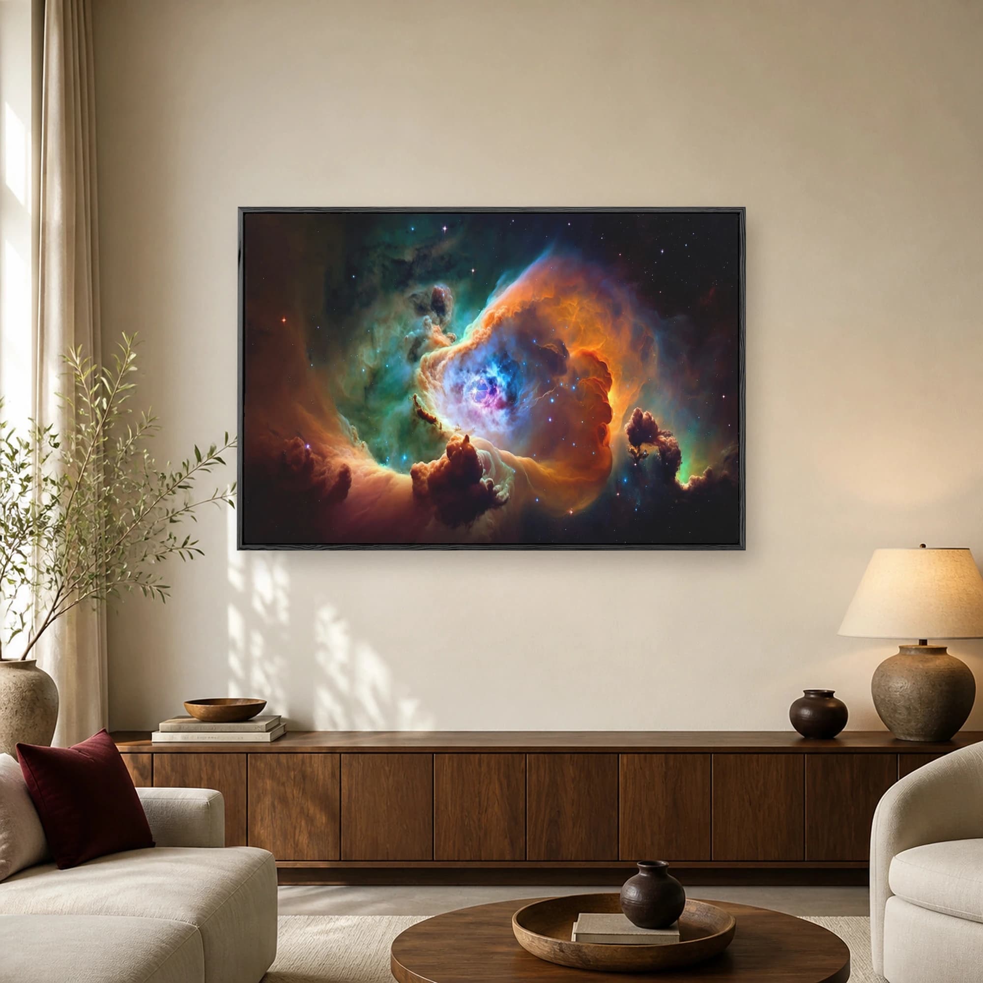 Vibrant space wall art featuring a swirling cosmic nebula with glowing orange and turquoise gas clouds against a starry night background.