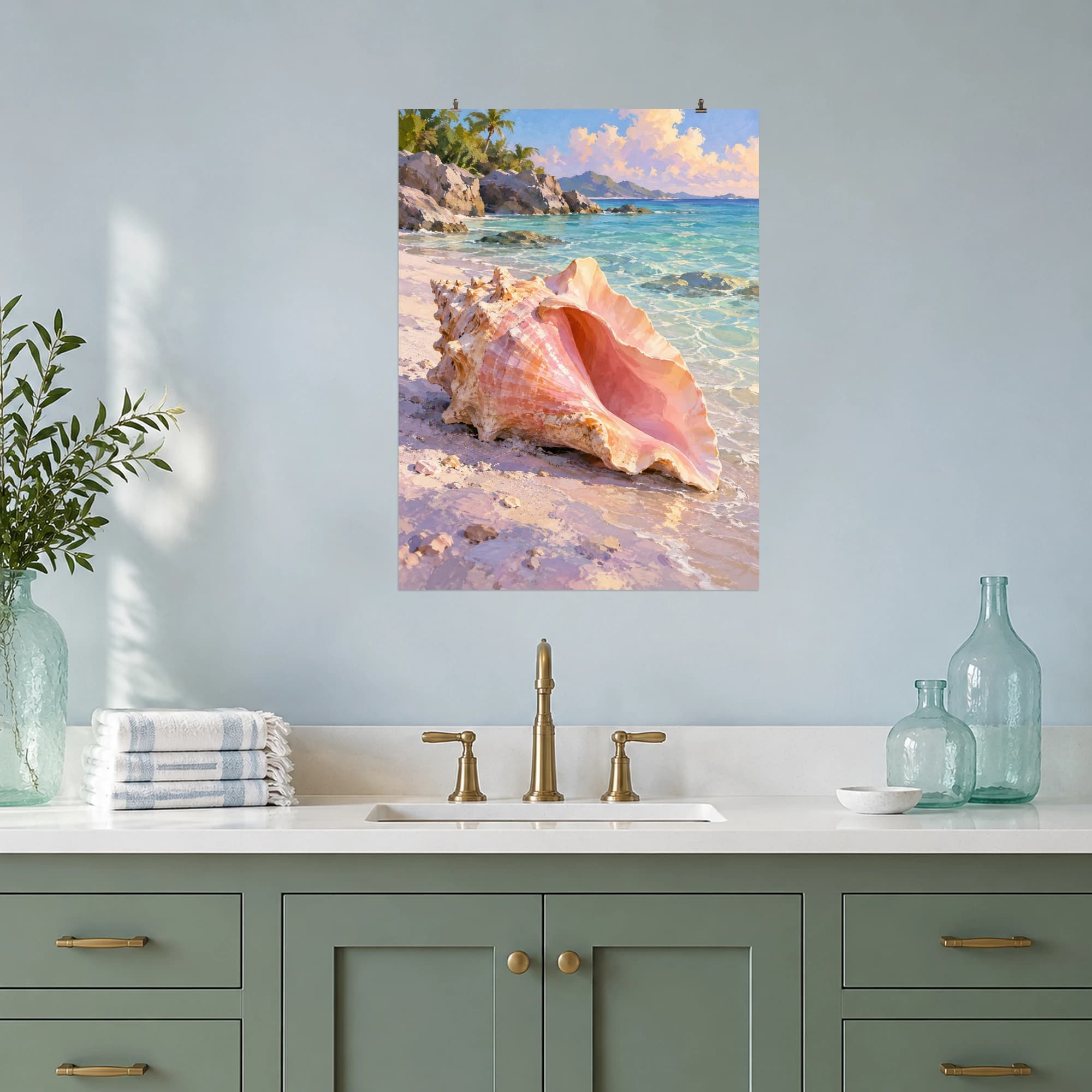 This gouache-style composition features a large warm pink queen conch resting on pale lavender sand beside shallow aqua water, curved shell lip catching gentle morning sunlight. Expressive brushwork and a balanced palette bring warmth and character to your space.