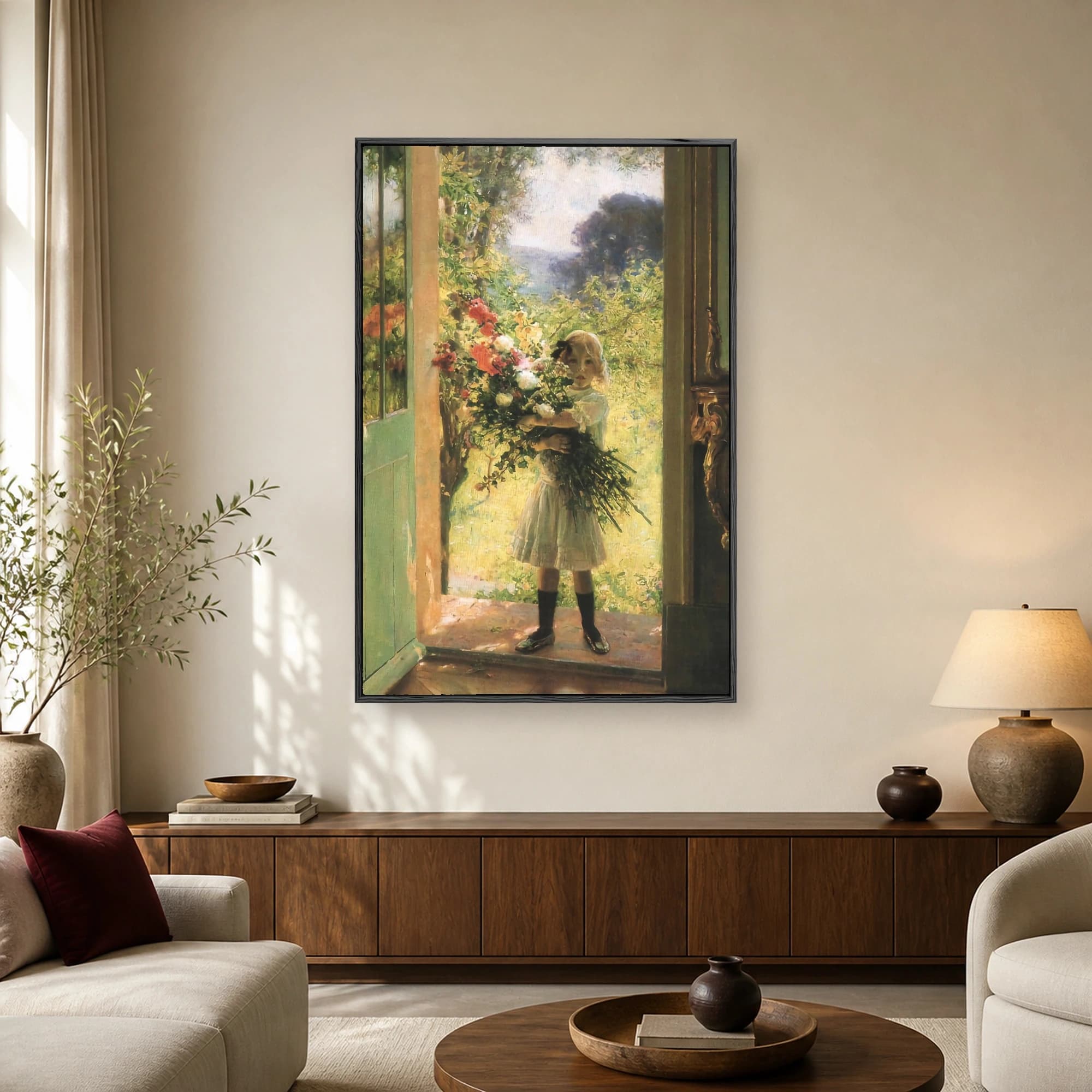 An impressionist oil painting of a young girl in a white dress holding a large armful of colorful wildflowers at an open sunlit garden door.