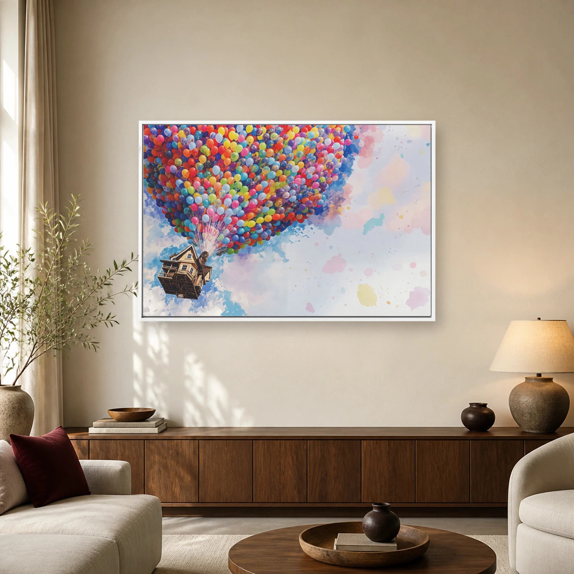 Floating House With Colorful Balloons Canvas Art Print, view 3