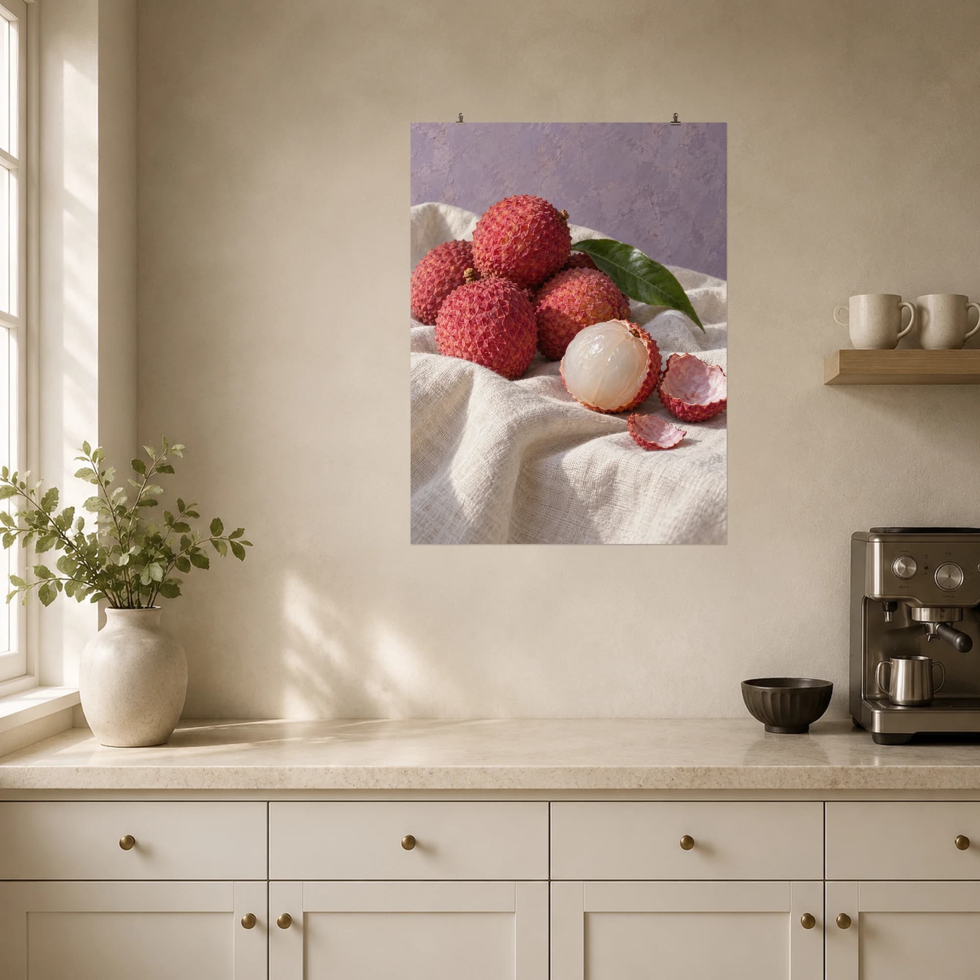 Rose-red lychees and a peeled fruit catch soft light on an ivory cloth.