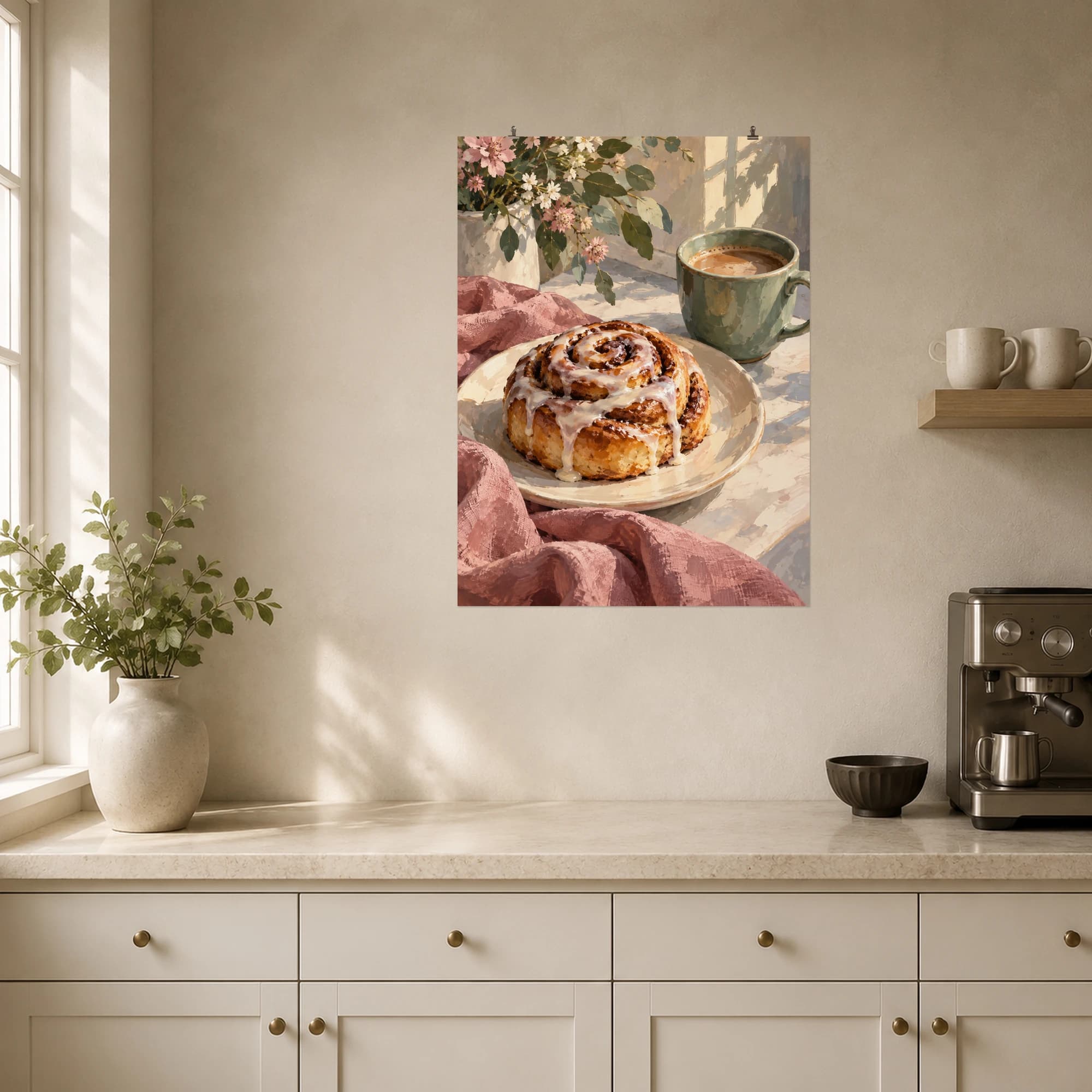 A cinnamon roll and sage cup set the scene for a relaxed cafe morning.