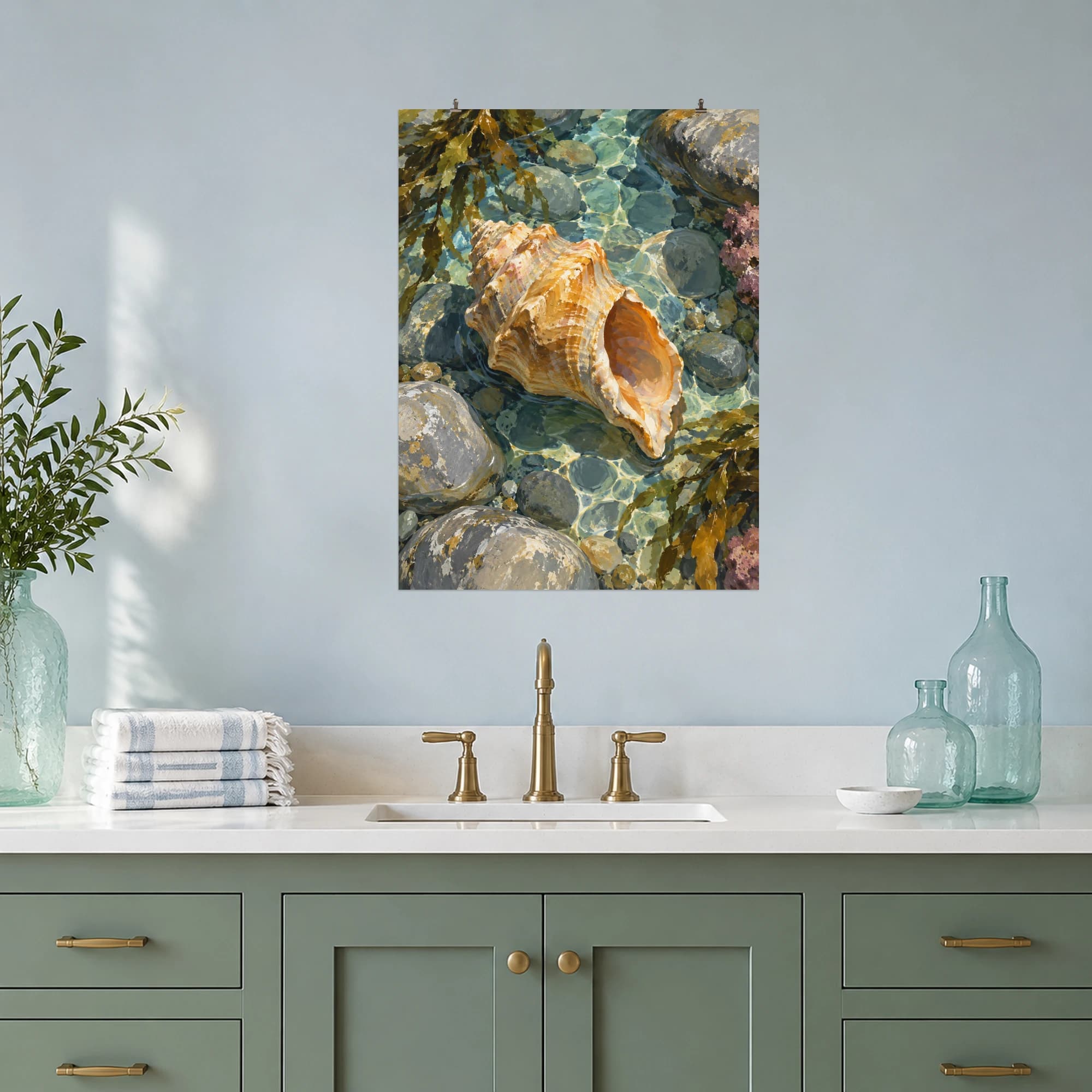 This gouache-style composition features a warm ochre whelk shell resting in a clear aqua tidepool with smooth gray pebbles and gentle water caustics. Expressive brushwork and a balanced palette bring warmth and character to your space.