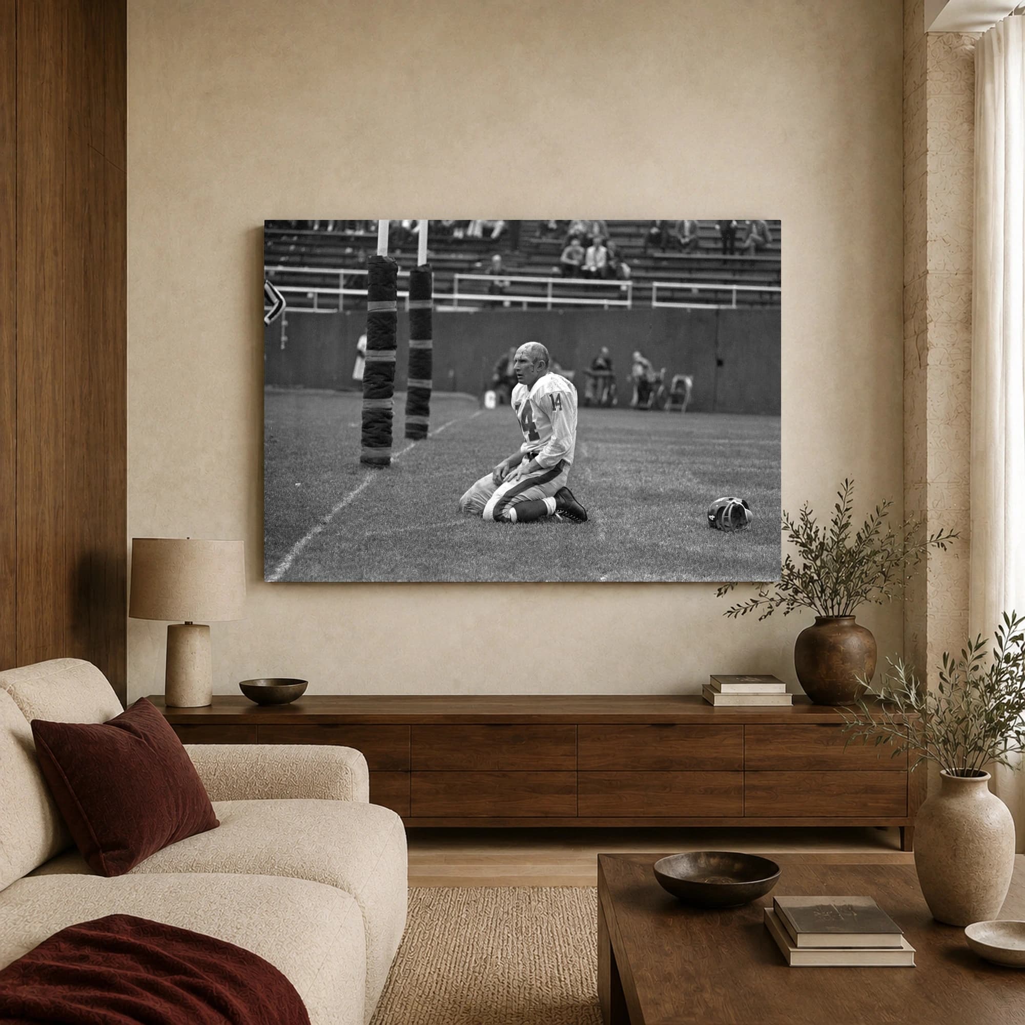 Exhausted Football Player Historic Black and White Photo, view 3