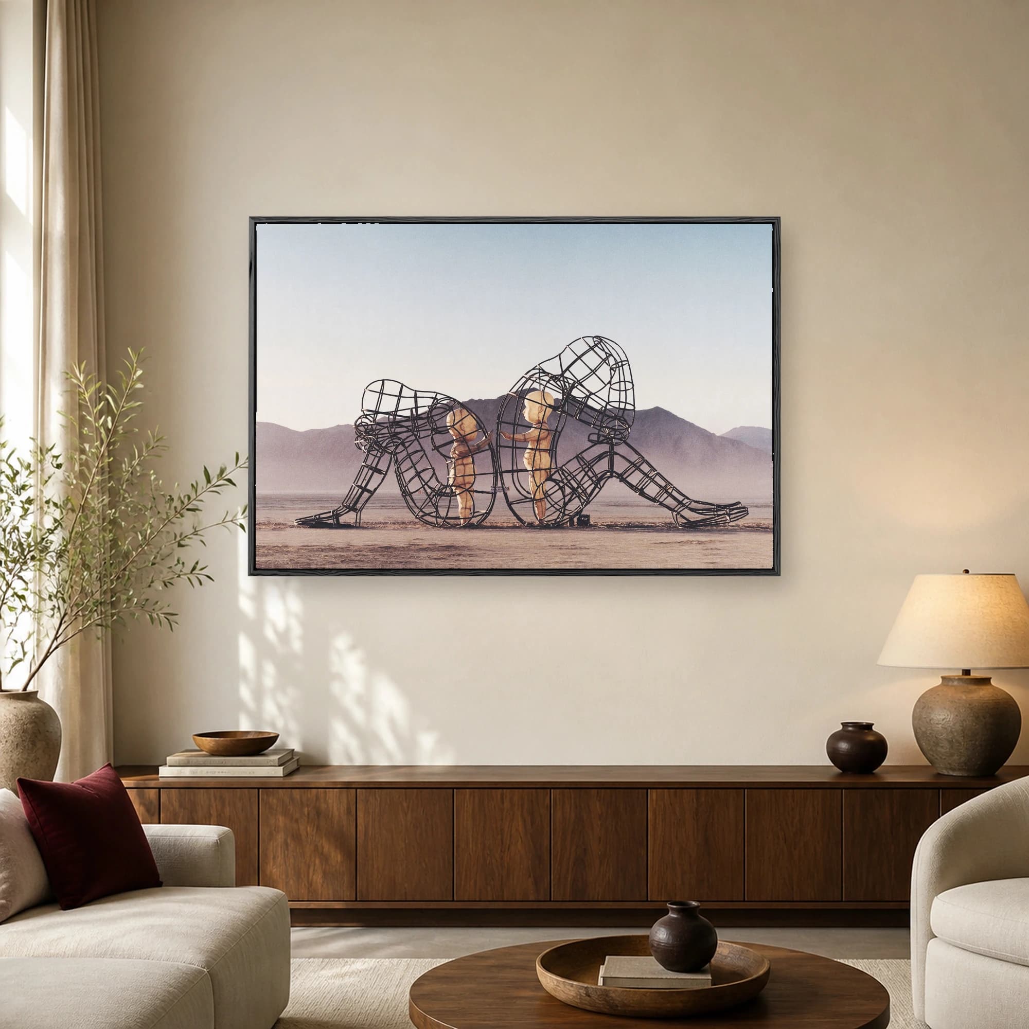 A photographic art print of Alexander Milov's Ego sculpture featuring two large wireframe figures with glowing children reaching out in a desert landscape.