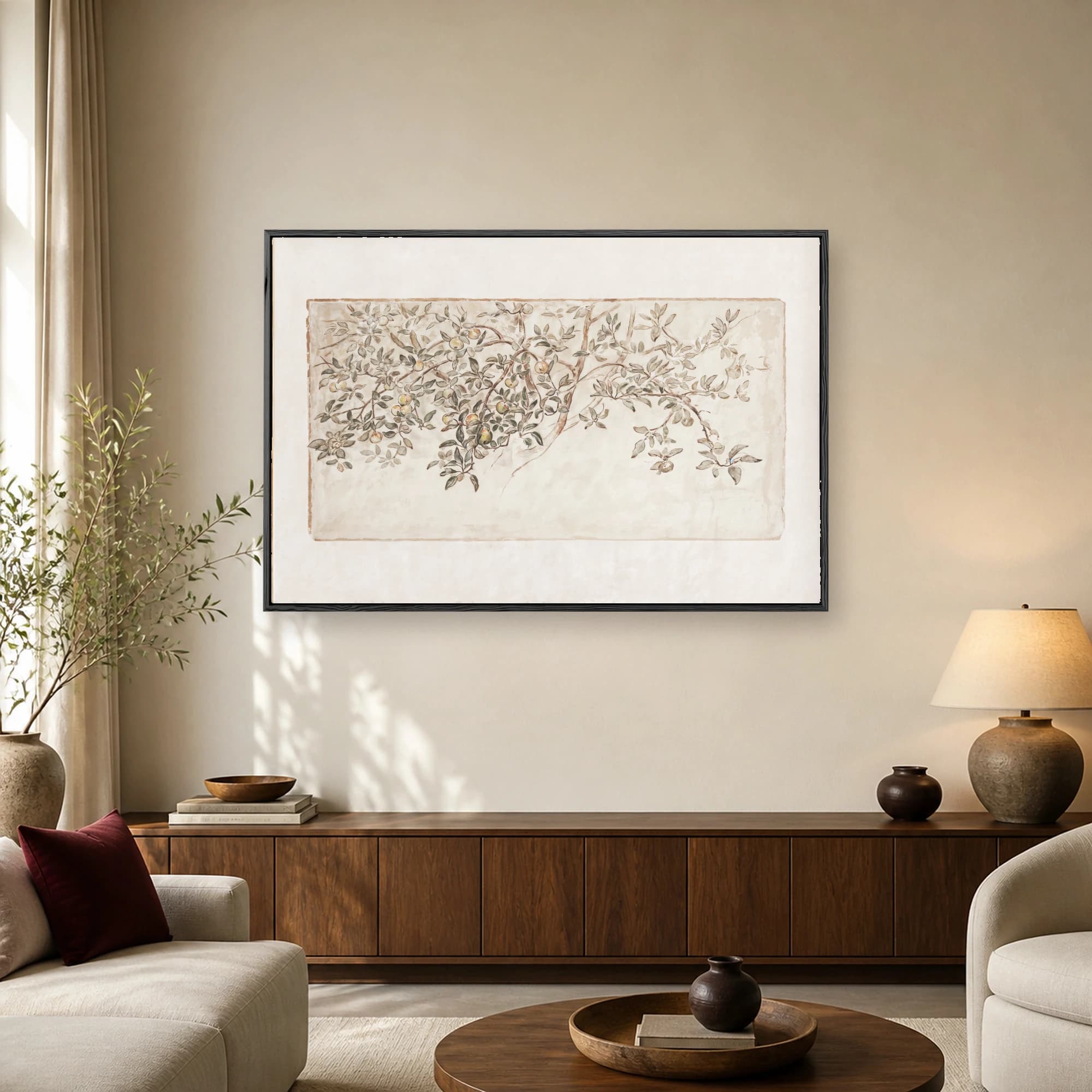 A vintage fresco style painting of an apple tree branch with small apples and green leaves against an off-white plaster wall.