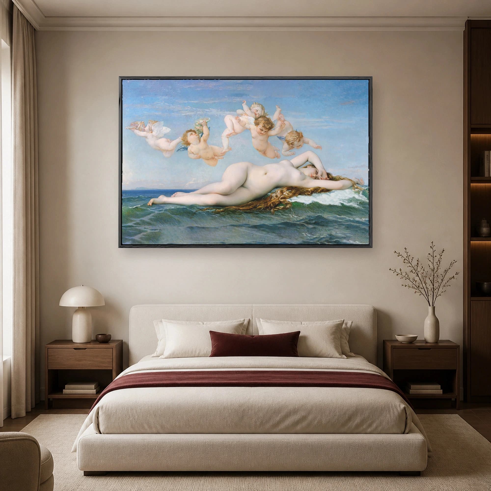 Fine art print of William-Adolphe Bouguereau's The Birth of Venus showing a reclining nude goddess surrounded by putti over ocean waves.