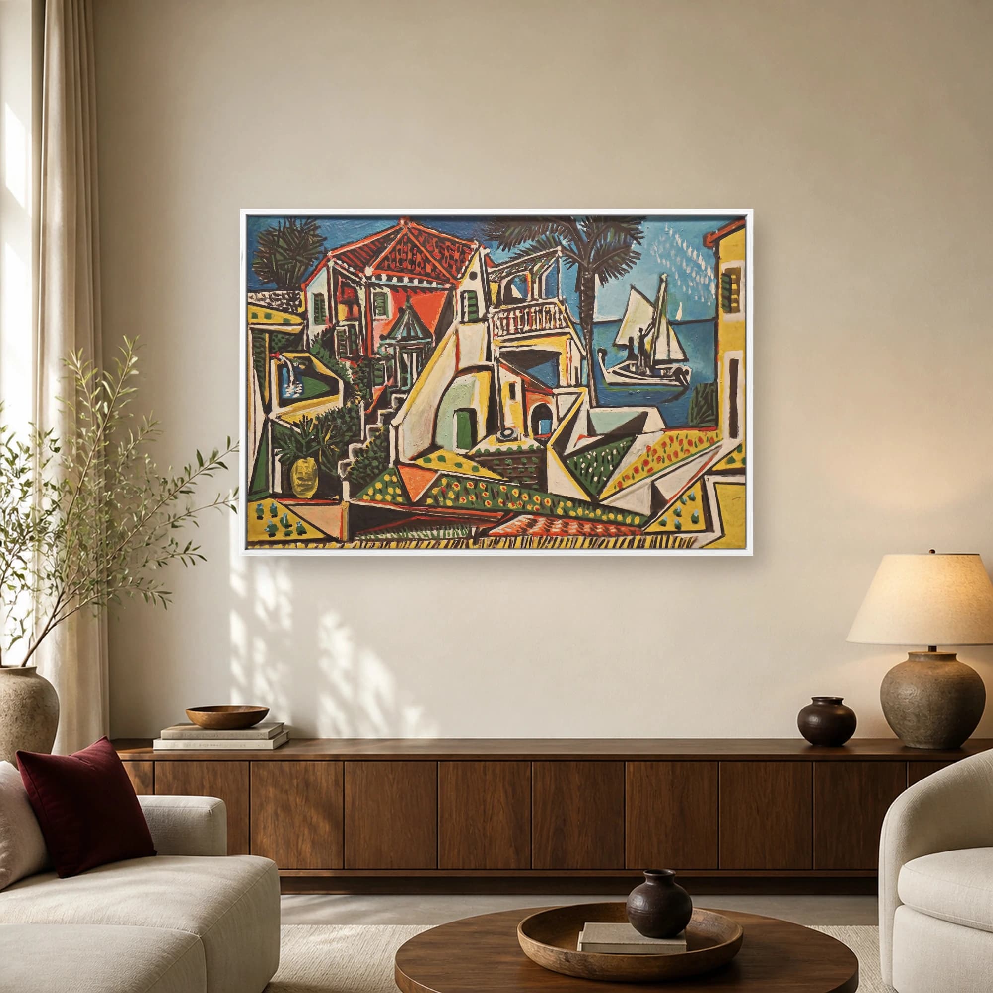 Mediterranean Coastal Villa and Sailboat Cubist Art Print, view 3