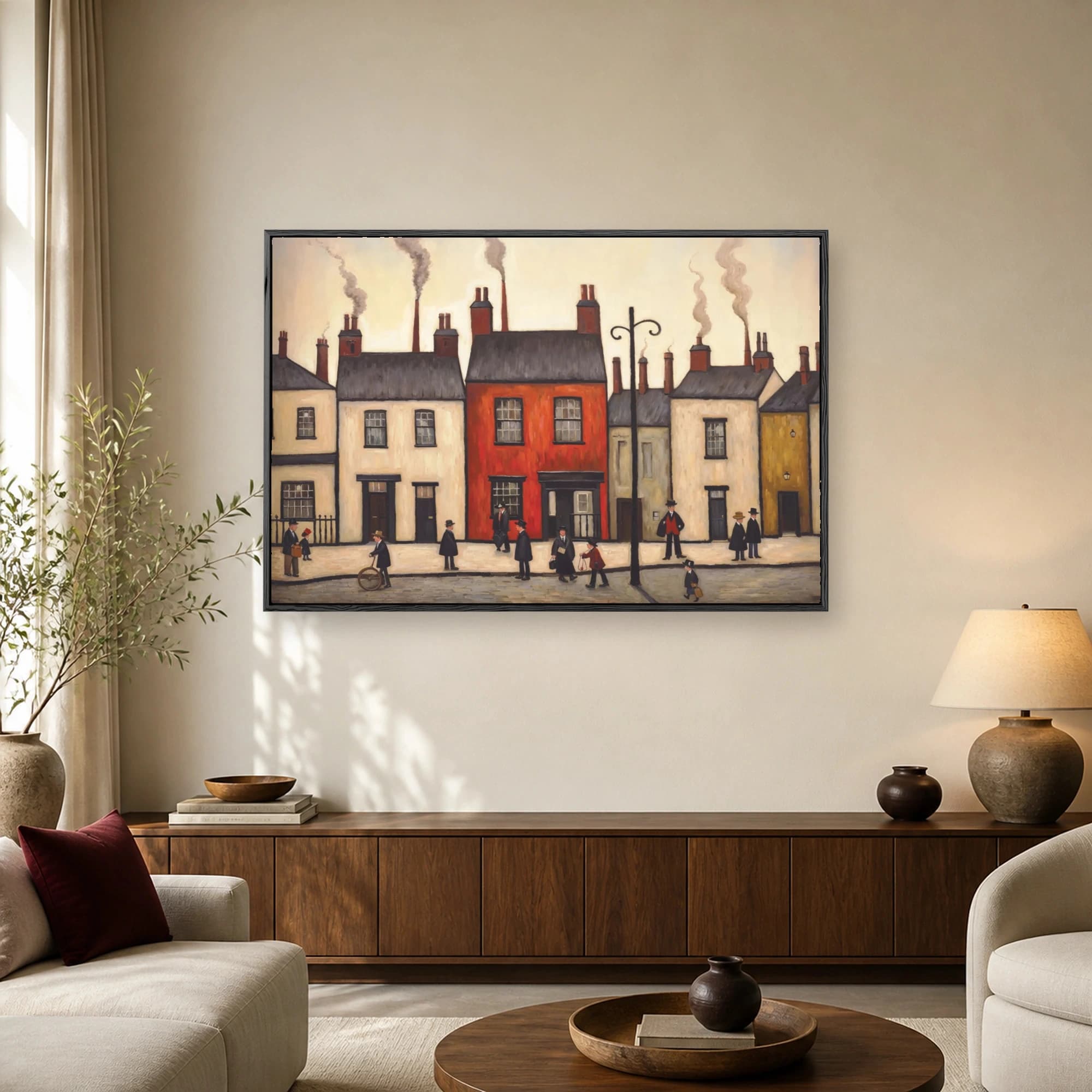 An art print depicting a historical industrial street with terraced houses, smoking chimneys, and people in bowler hats.