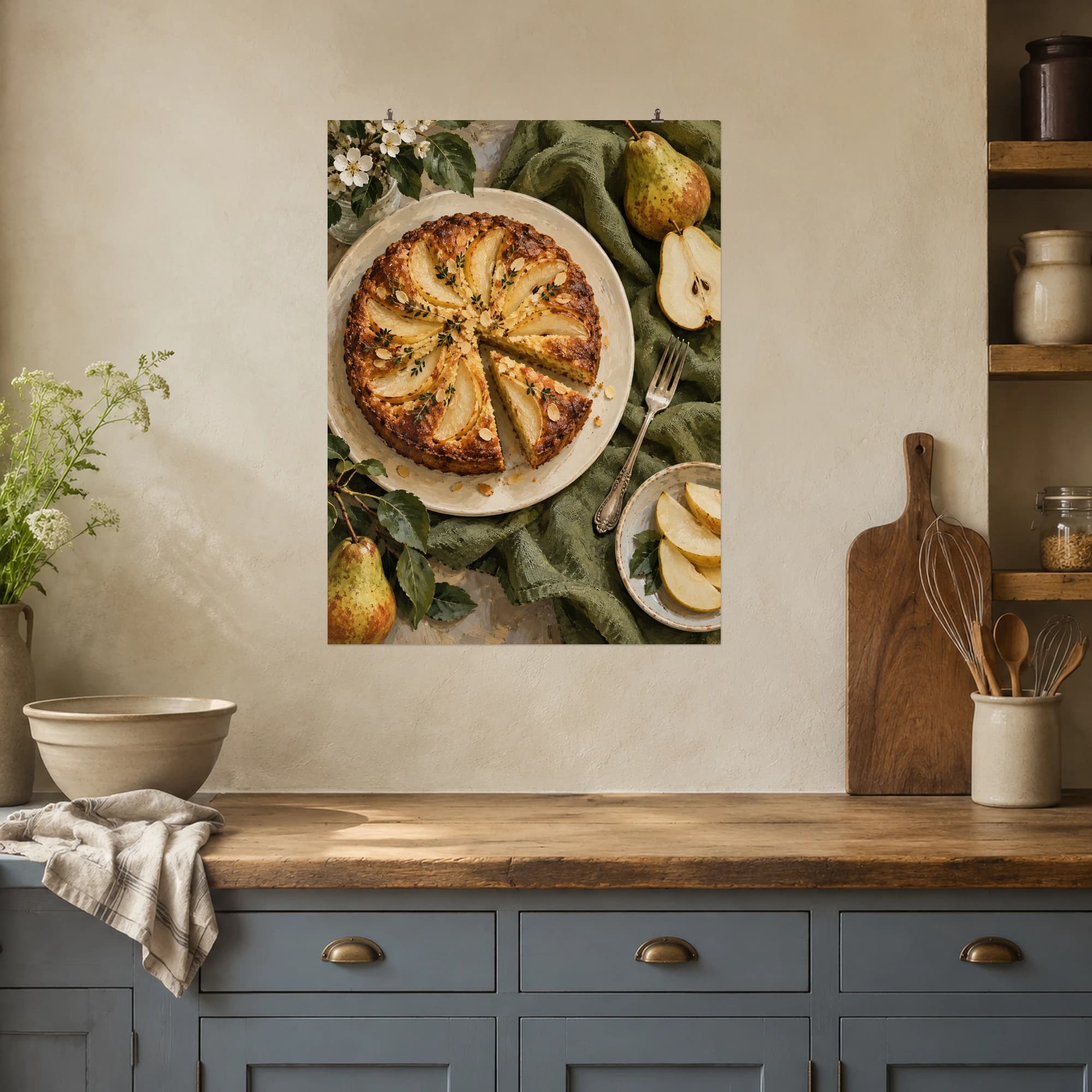A golden pear cake sits on a cream plate beside fresh pears and a silver fork. Moss green linen and broad painted strokes give this overhead dessert scene a warm country kitchen feeling.
