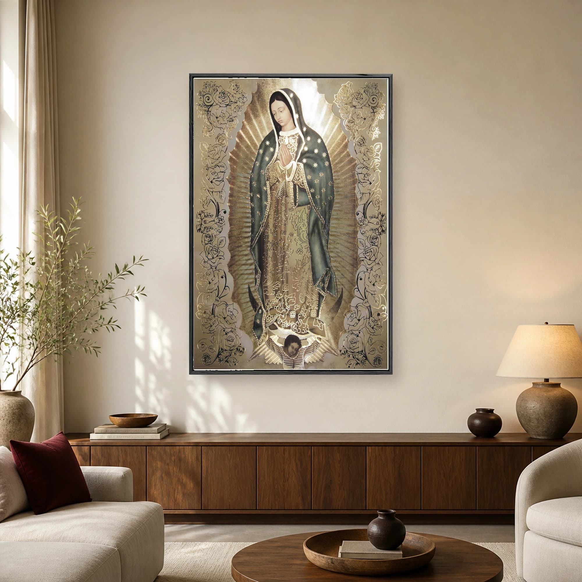Ornate depiction of Our Lady of Guadalupe with gold leaf accents, star-patterned teal cloak, floral borders, and a radiant sunburst halo.