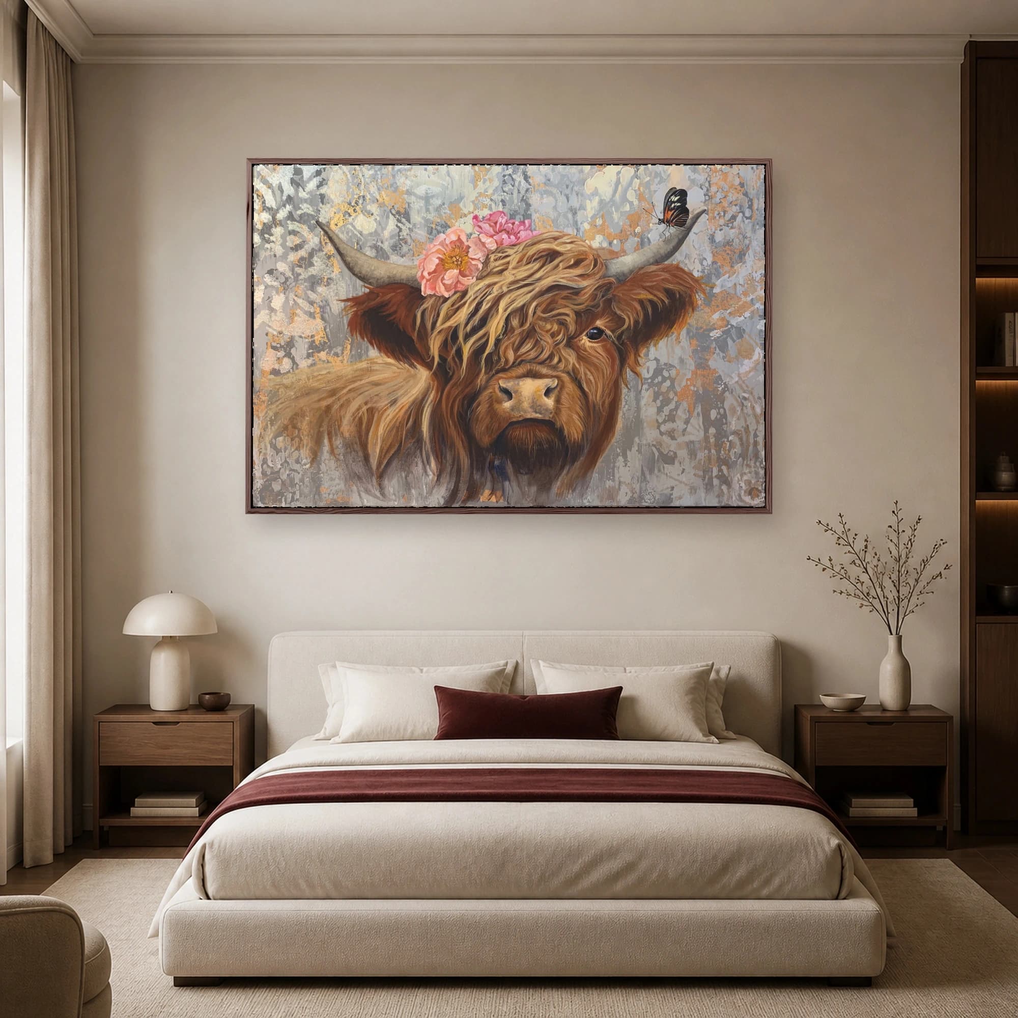 Highland Cow Canvas Print with Pink Peonies, view 6