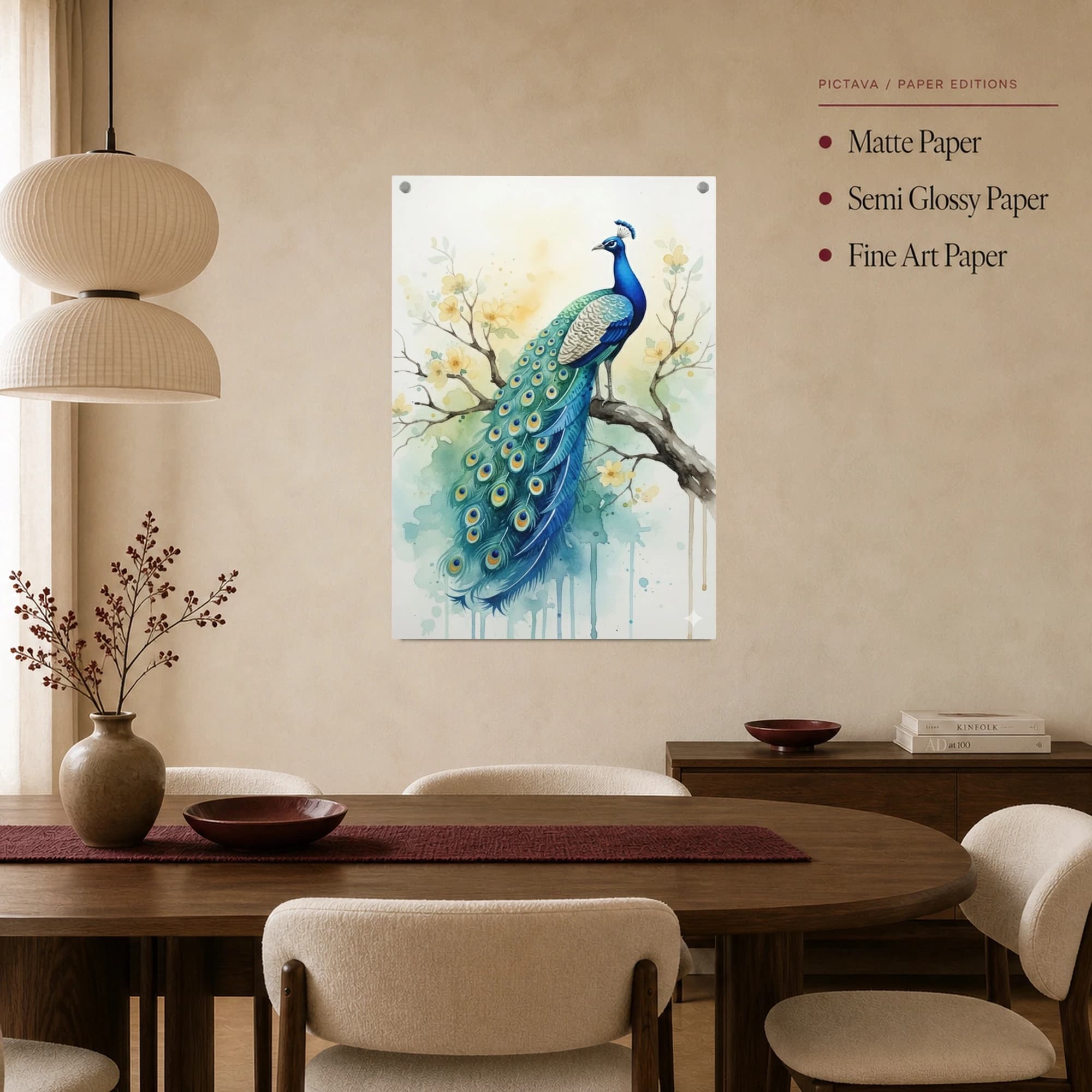 Watercolor Peacock Wall Art on Flowering Branch Canvas Print, view 4